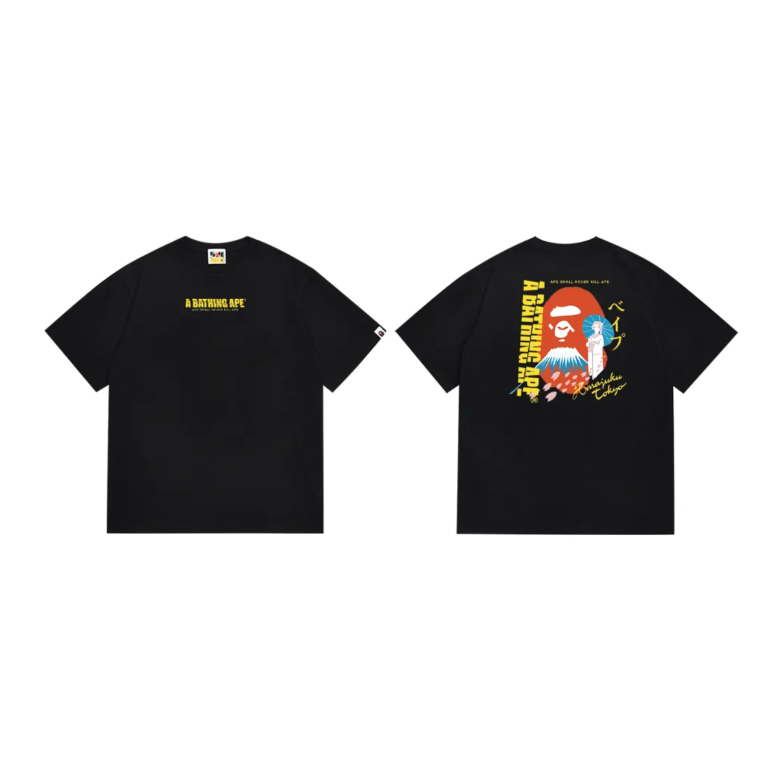 P110 SC034# (top version) BAPE Mount Fuji Monkey Man costume women's double-sided printed short-sleeved T-shirt Made of 260 grams of high-quality high-woven pure cotton fabric, double yarn combed, soft texture and no pilling Imported environmentally friendly printing glue The pattern is bright and three-dimensional Quality 💥 Same style for men and women The upper body is trendy Color: Black White Size: S M L XL XXL