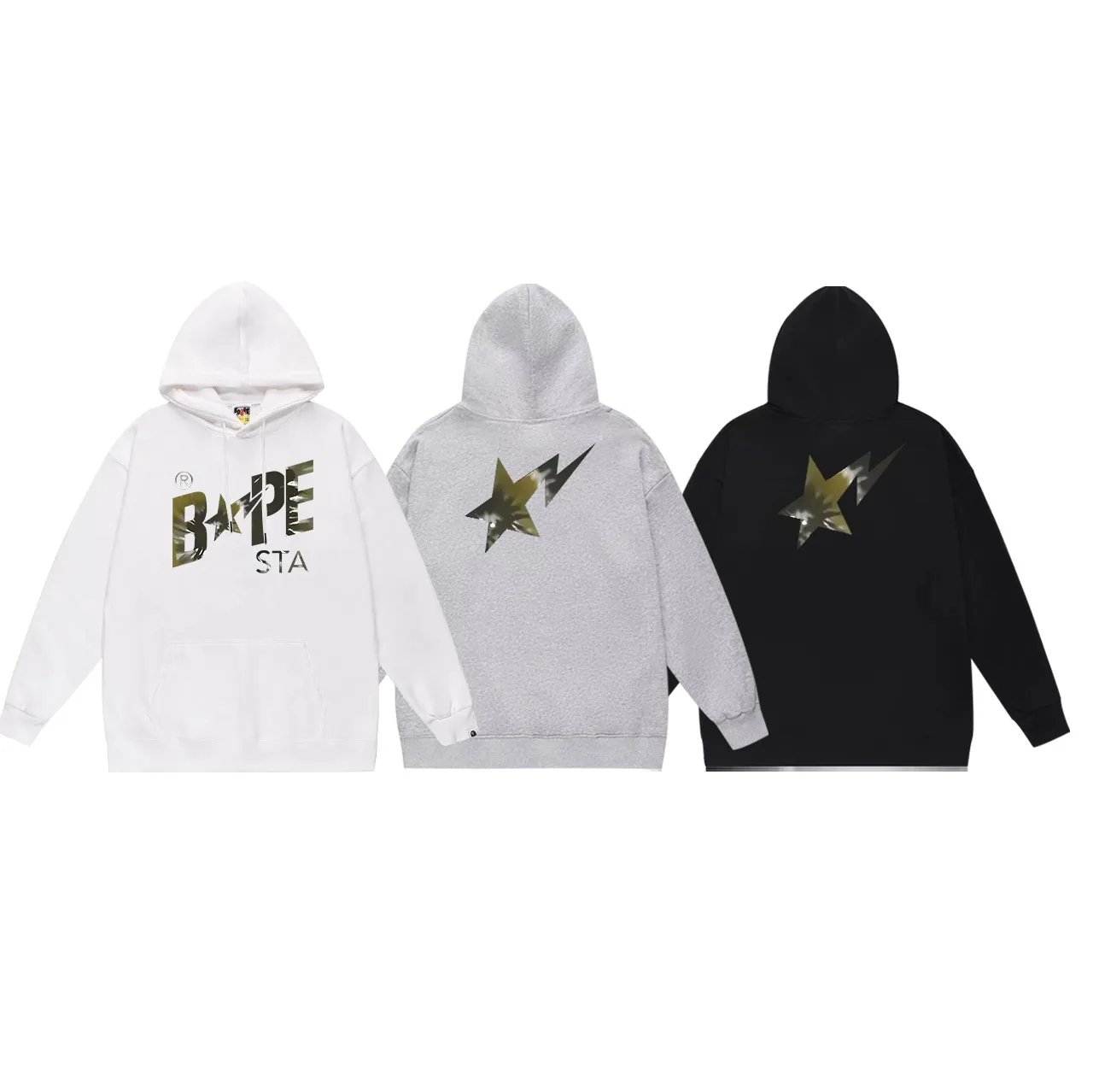 Style No. SC714# terry p160 plus velvet 180💰 (top version) BAPE autumn and winter tie-dyed letter star printed hooded sweatshirt. Made of 380 grams of large terry (drop shoulder large version) fabric. The texture is soft and non-pilling. Imported environmentally friendly printing glue. The pattern is bright and three-dimensional. Quality💥Same style for men and women. The upper body is trendy. Color: black white gray Size: S M L XL XXL