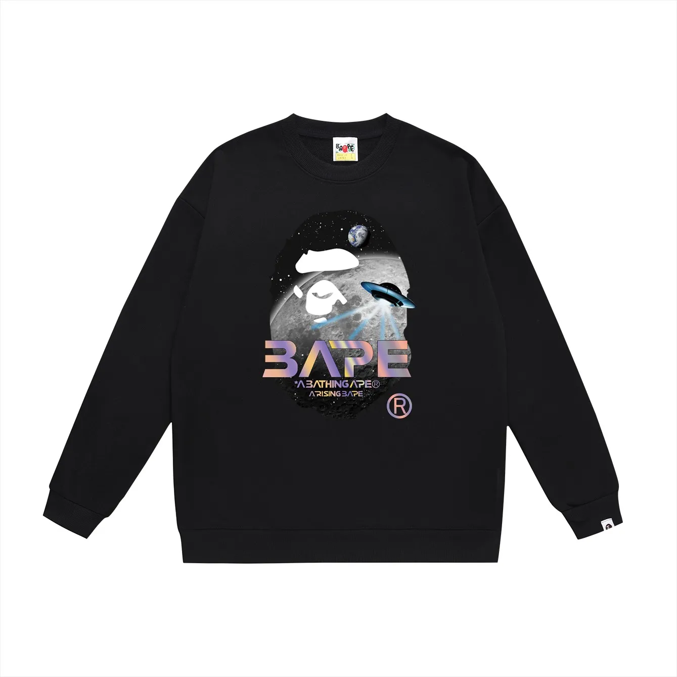 P150 model number SC458# terry 75 plus velvet 80 (top version) BAPE Mid-Autumn moon scene ape-head UFO laser letter pattern printed round neck sweatshirt Made of 350g large terry (drop shoulder large version) fabric, soft texture and no pilling Imported environmentally friendly printing glue The pattern is bright and three-dimensional Quality 💥Same style for men and women The upper body is trendy Color: black white gray Size: S M L XL XXL