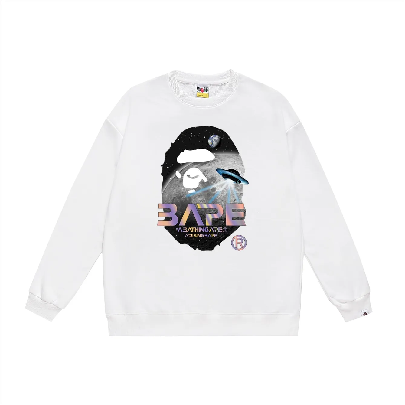 P150 model number SC458# terry 75 plus velvet 80 (top version) BAPE Mid-Autumn moon scene ape-head UFO laser letter pattern printed round neck sweatshirt Made of 350g large terry (drop shoulder large version) fabric, soft texture and no pilling Imported environmentally friendly printing glue The pattern is bright and three-dimensional Quality 💥Same style for men and women The upper body is trendy Color: black white gray Size: S M L XL XXL