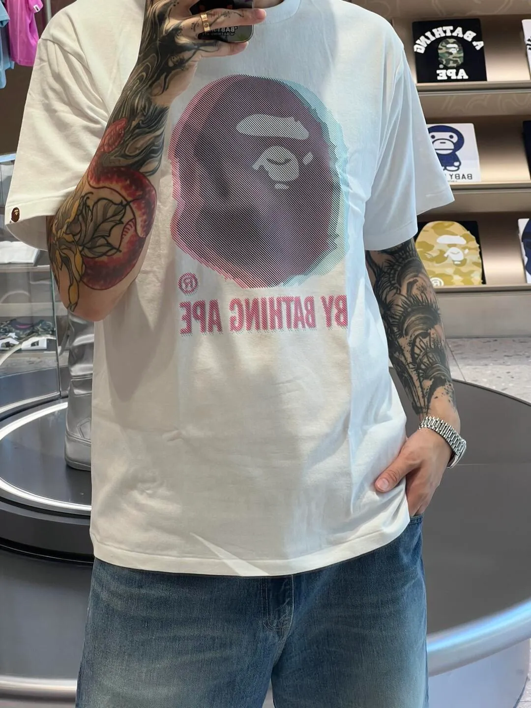 💰140 BAPE GLITCH ART COLLEGE TEE Faulty phantom art laminated great ape head print 280g weight linen cotton fabric ZP version Couple style: S—XXL [Black White]