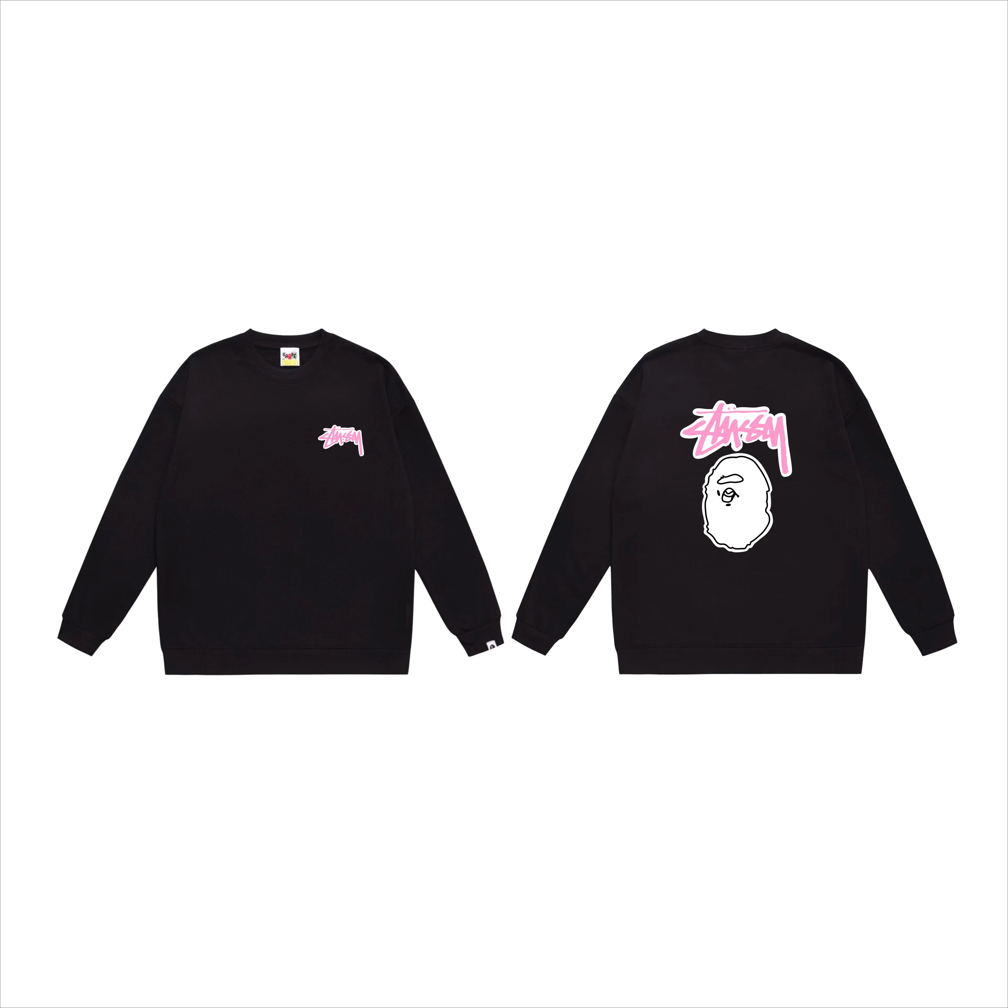 P150 model number SC506# terry 75 plus velvet 80 (top version) BAPE×STUSSY co-branded Stussy letter round neck sweatshirt Made of 350 grams of large terry (drop shoulder large version) fabric, soft texture and no pilling Imported environmentally friendly printing glue The pattern is bright and three-dimensional Quality 💥Same style for men and women The upper body is trendy Color: black white gray Size: S M L XL XXL