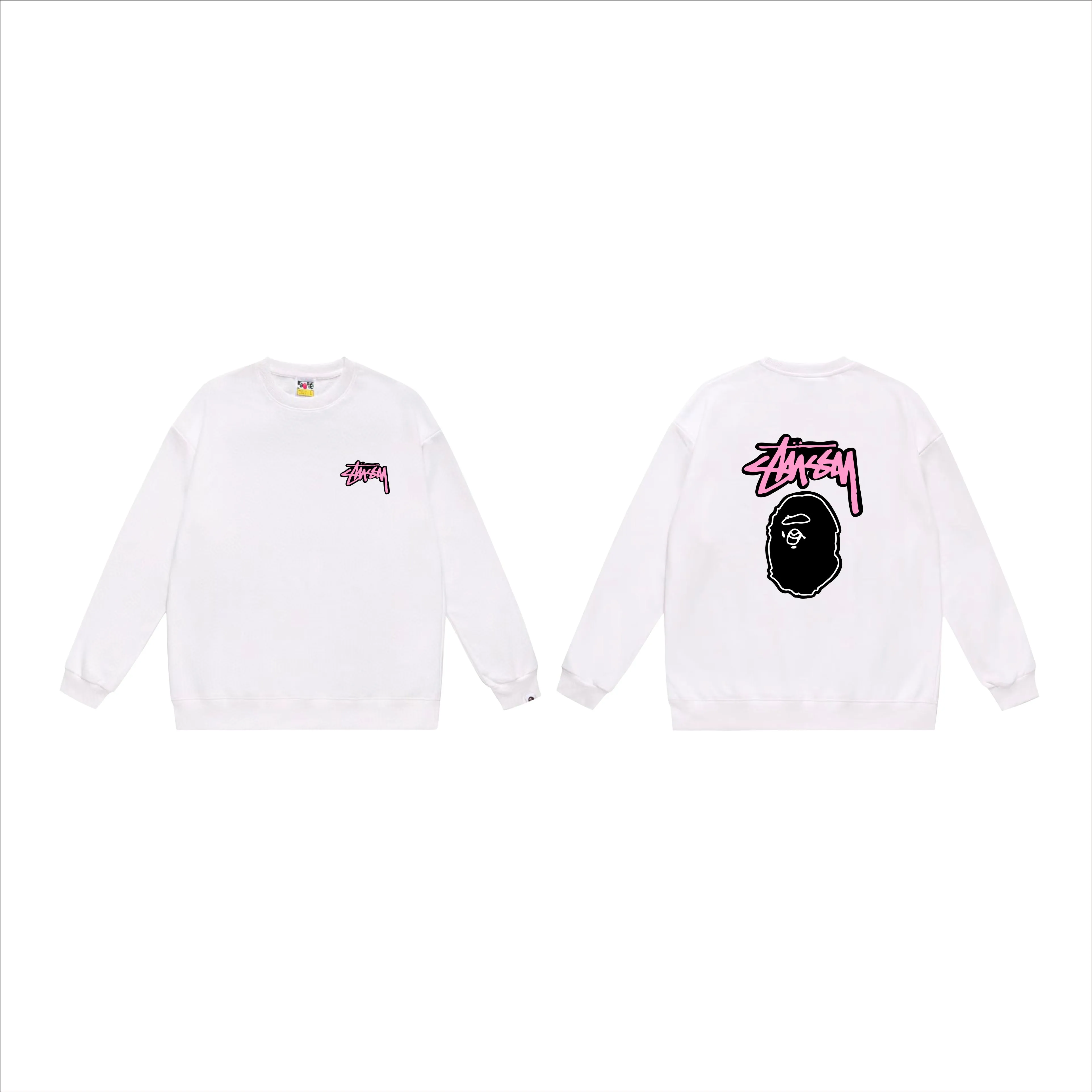 P150 model number SC506# terry 75 plus velvet 80 (top version) BAPE×STUSSY co-branded Stussy letter round neck sweatshirt Made of 350 grams of large terry (drop shoulder large version) fabric, soft texture and no pilling Imported environmentally friendly printing glue The pattern is bright and three-dimensional Quality 💥Same style for men and women The upper body is trendy Color: black white gray Size: S M L XL XXL