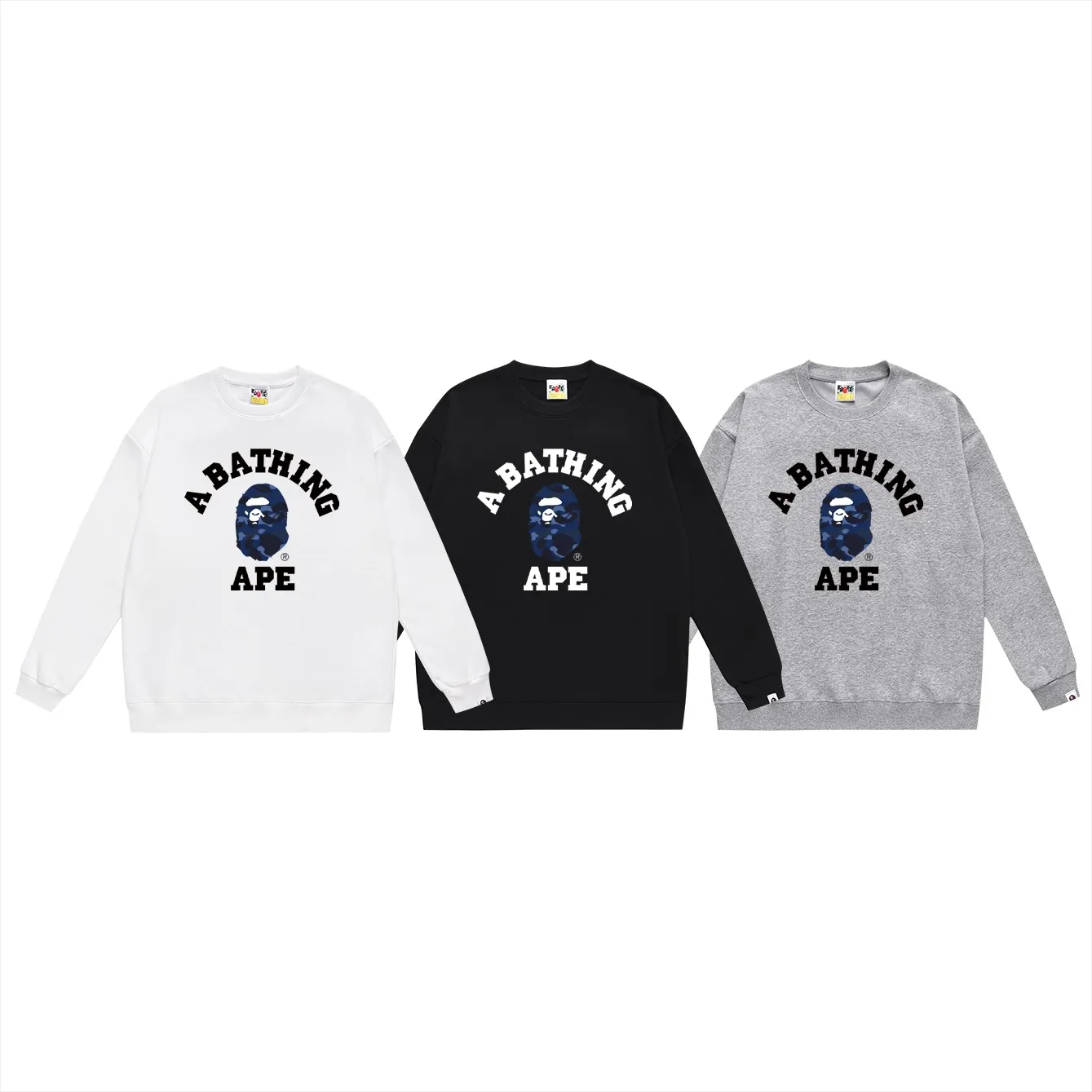 P150 model number SC445# terry 75 plus velvet 80 (top version) BAPE classic monogram ape head pattern loose round neck sweatshirt. Made of 350g large terry (drop shoulder large version) fabric. The texture is soft and non-pilling. Imported environmentally friendly printing glue. The pattern is bright and three-dimensional. Quality 💥Same style for men and women. The upper body is trendy. Color: black white gray Size: S M L XL XXL