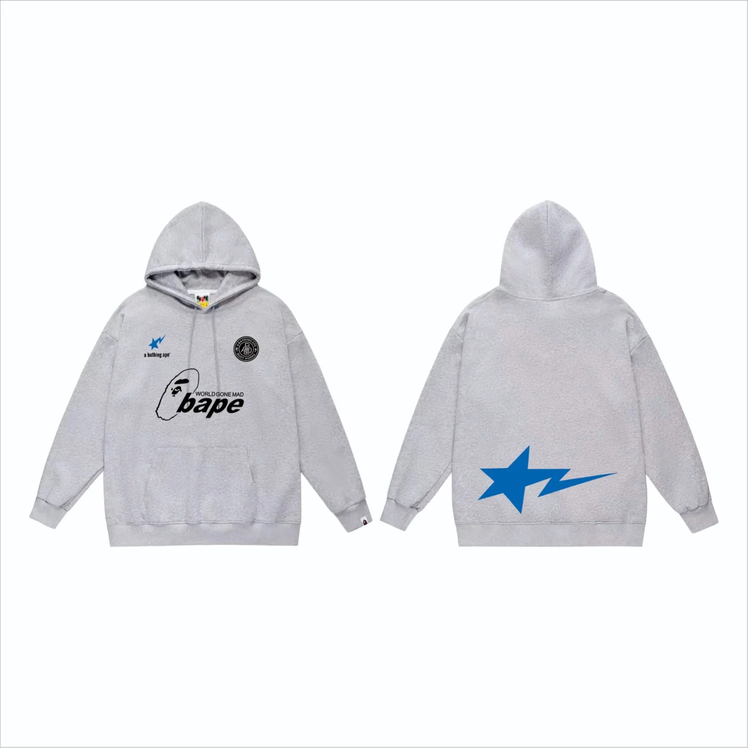 P160 model number SC863# terry 80 plus velvet 90 (top version) BAPE ape head letter contrast star print hooded sweatshirt. Made of 380 grams of large terry (drop shoulder large version) fabric. The texture is soft and non-pilling. Imported environmentally friendly printing glue. The pattern is bright and three-dimensional. Quality 💥Same style for men and women. The upper body is trendy. Color: black white gray Size: S M L XL XXL