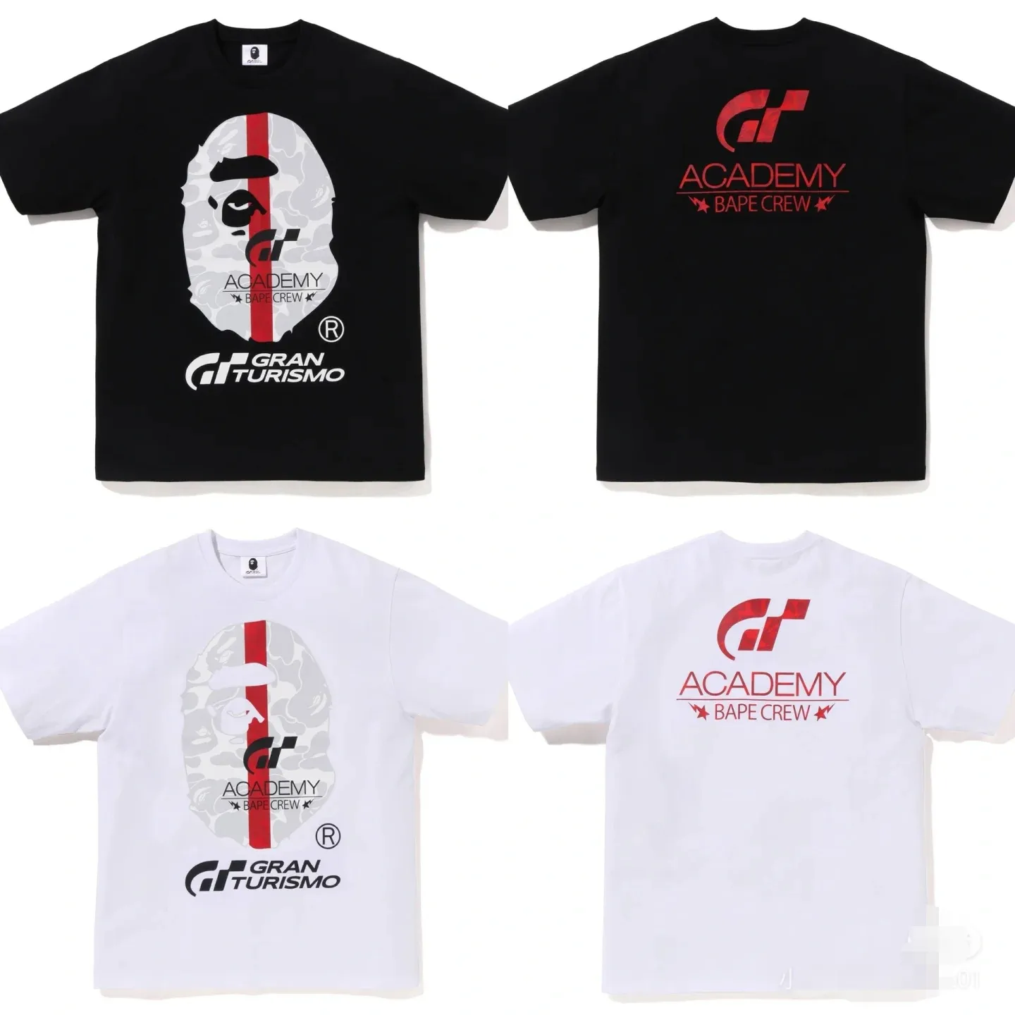 P110 001147 BAPE x GRAN TURISMO joint model SS23 Ape Logo printed round neck short-sleeved T-shirt, same style for men and women, size smlxlxxl, black and white