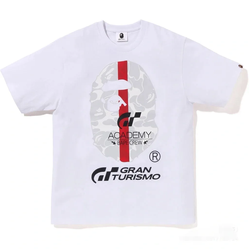 P110 001147 BAPE x GRAN TURISMO joint model SS23 Ape Logo printed round neck short-sleeved T-shirt, same style for men and women, size smlxlxxl, black and white