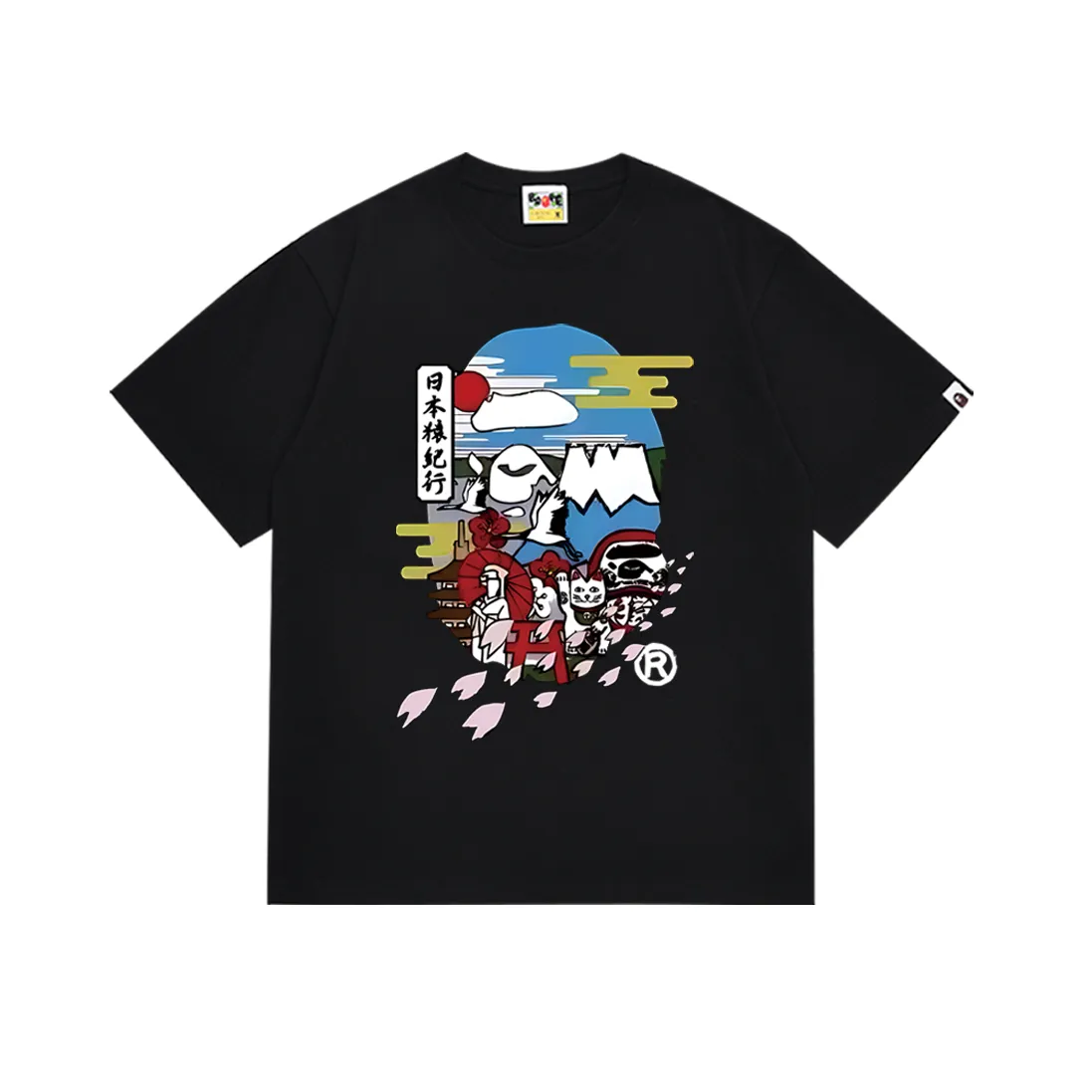 SC165#p110💰 (Top version) BAPE Japanese Monkey Monkey Monkey Wealth Cat printed short-sleeved T-shirt Made of 260 grams of high-quality high-weave pure cotton fabric, double yarn combed, soft texture and no pilling Imported environmentally friendly printing glue, bright and three-dimensional pattern, quality 💥Same style for men and women, the upper body is fashionable Color: black white Size: S M L XL XXL