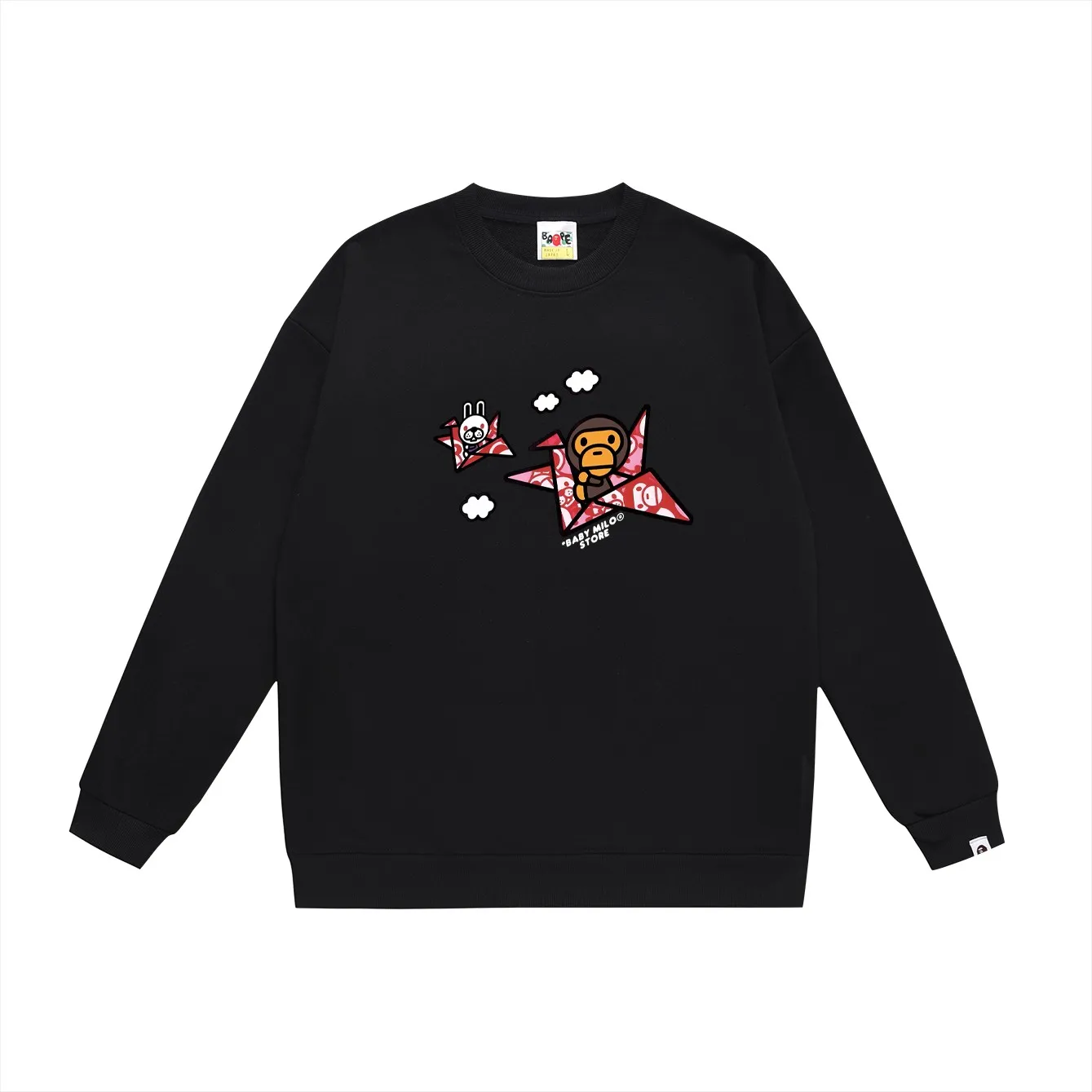 P150 model number SC493# terry 75 plus velvet 80 (top version) BAPE×BABY MILO 22 letter monkey pattern printed round neck sweatshirt Made of 350g large terry (drop shoulder large version) fabric, soft texture and no pilling Imported environmentally friendly printing glue The pattern is bright and three-dimensional Quality 💥Same style for men and women The upper body is trendy Color: black white gray Size: S M L XL XXL