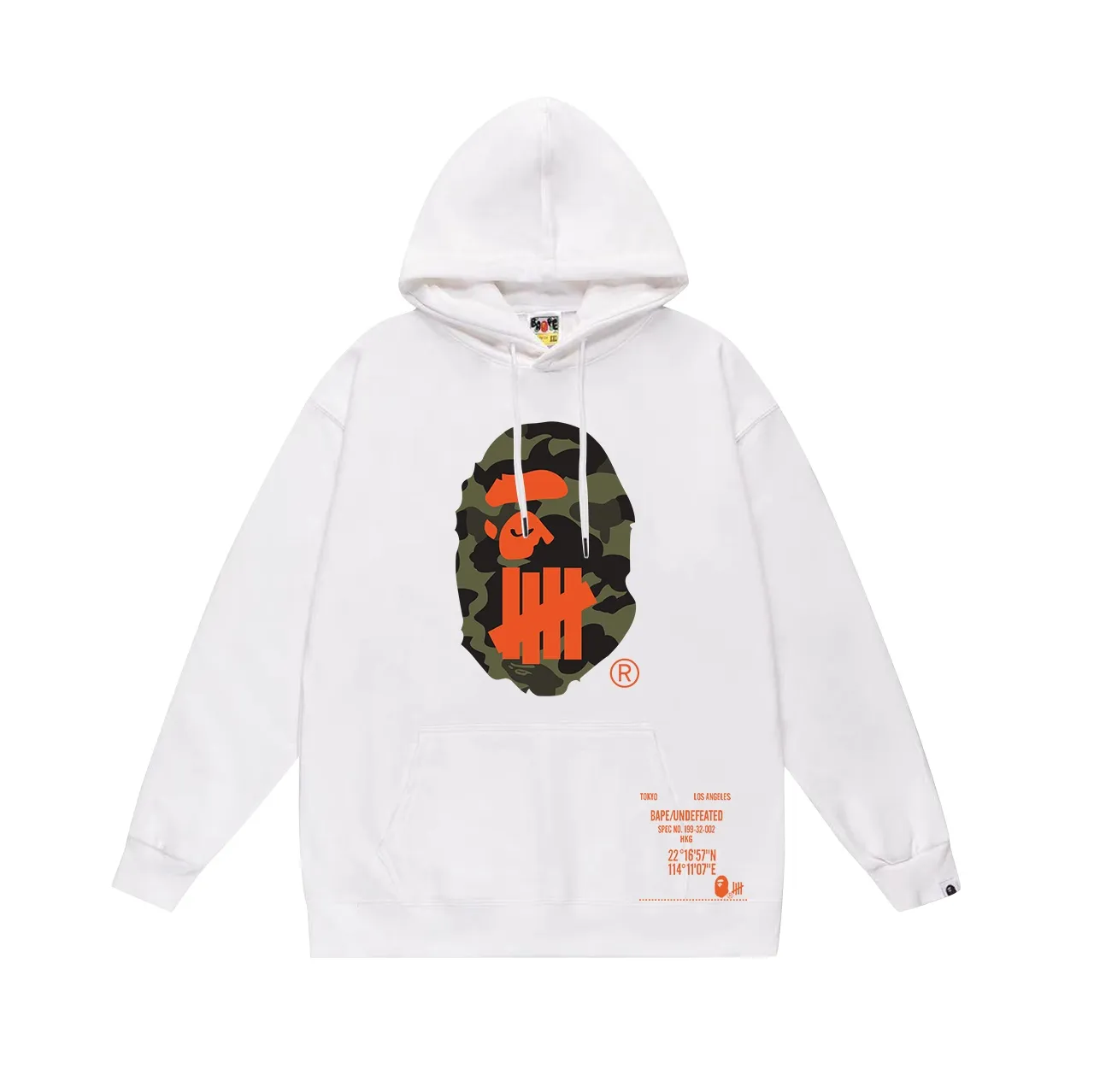 Model No. SC662# terry p160 plus velvet p180💰 (top version) BAPE co-branded UNDEFEATED undefeated five-stripe ape head print hooded sweatshirt. Made of 380g large terry 430g silver fox velvet (off-shoulder large version) fabric. The texture is soft and non-pilling. Imported environmentally friendly printing glue. The pattern is bright and three-dimensional. Quality💥Same style for men and women. The upper body is trendy. Color: black white gray Size: S M L XL XXL
