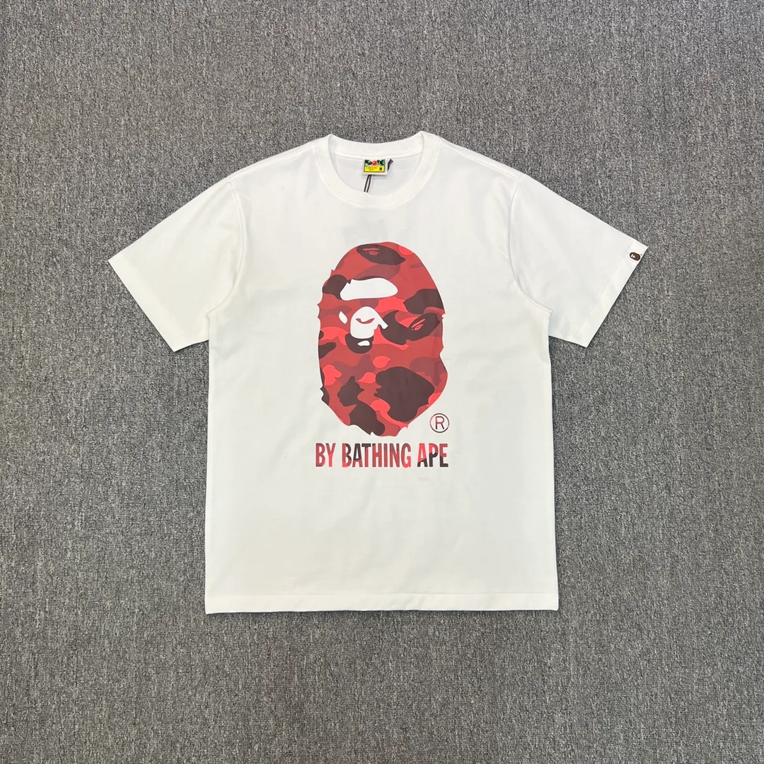 💰140 BAPE camouflage great ape letter print short-sleeved T-shirt 280g weight linen cotton fabric Couple style: S-XXL [white blue black blue white red black red white purple black purple]