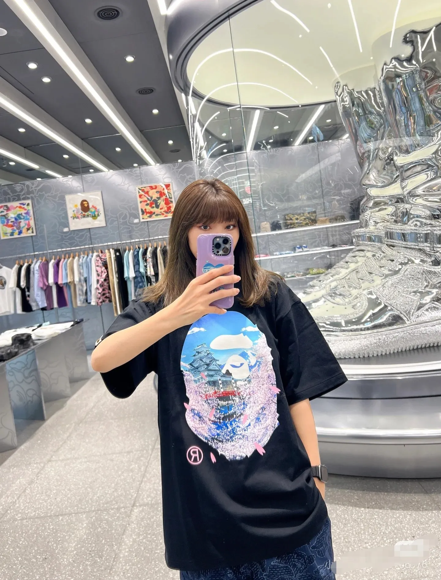 P110 00120 A BATHING APE BAPE SS23 SAKURA cherry blossom series cherry blossom print round neck loose short-sleeved T-shirt, same style for men and women, size smlxlxxl, black and white