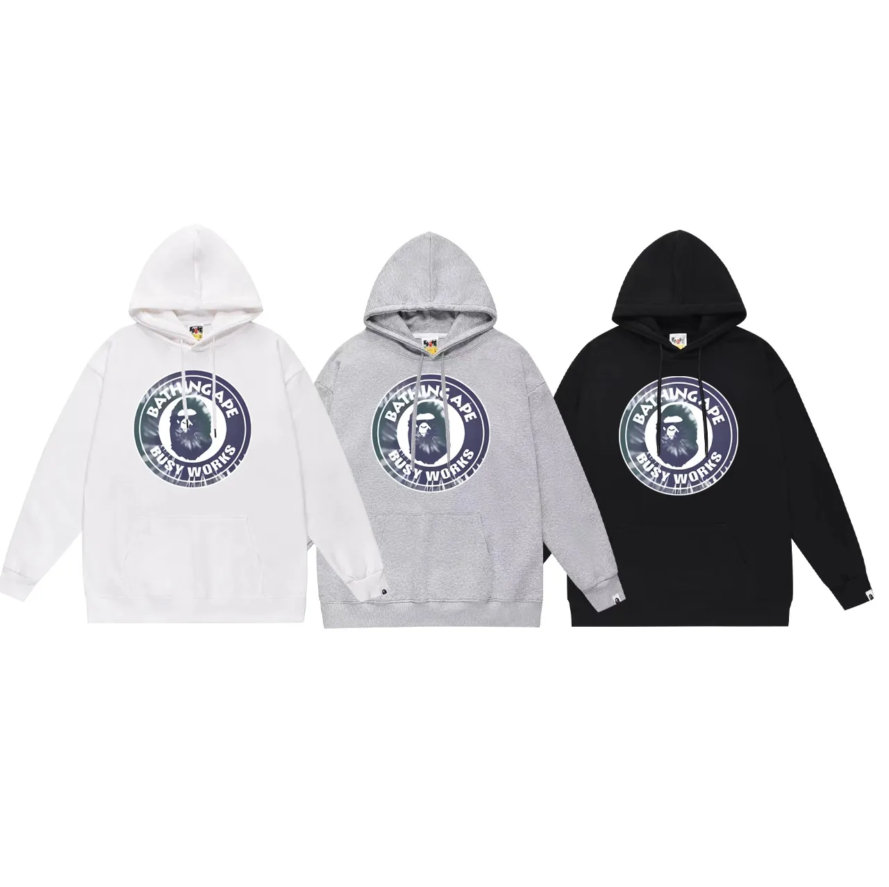 Model No. SC678# terry p160 plus velvet p180💰 (top version) BAPE tie-dye ape head letter medallion printed hooded sweatshirt. Made of 380g large terry 430g silver fox velvet (drop shoulder large version) fabric. The texture is soft and non-pilling. Imported environmentally friendly printing glue. The pattern is bright and three-dimensional. Quality💥Same style for men and women. The upper body is trendy. Color: black and blue, white blue, gray blue, black and yellow, white and yellow. Gray yellow Size: S M L XL XXL