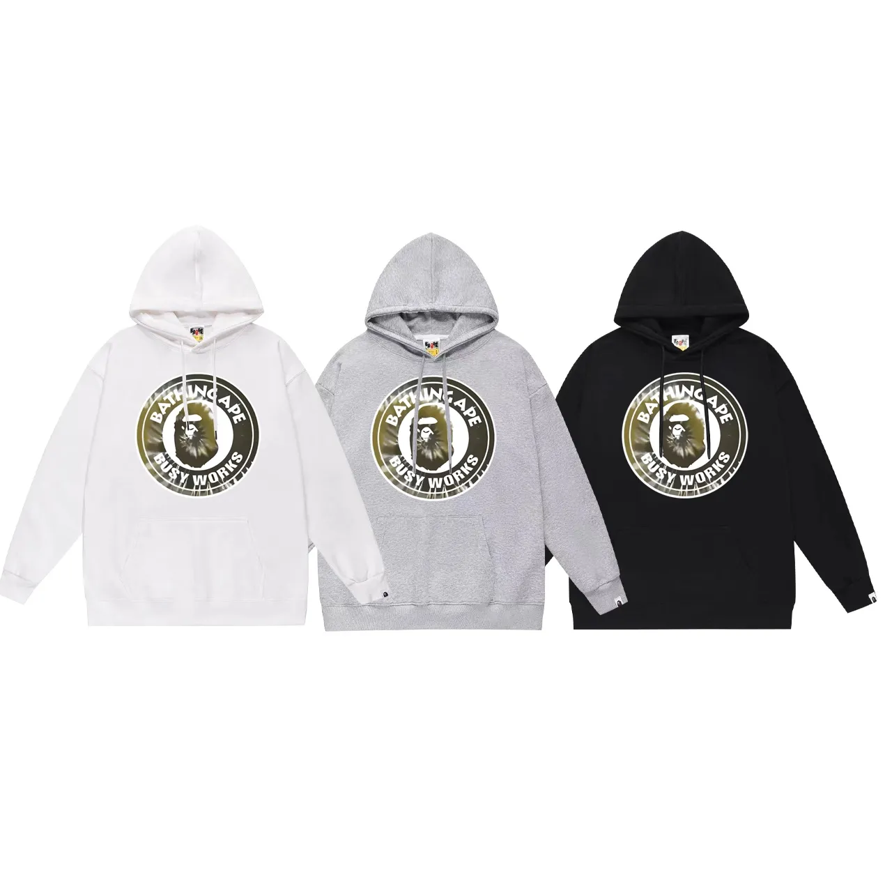 Model No. SC678# terry p160 plus velvet p180💰 (top version) BAPE tie-dye ape head letter medallion printed hooded sweatshirt. Made of 380g large terry 430g silver fox velvet (drop shoulder large version) fabric. The texture is soft and non-pilling. Imported environmentally friendly printing glue. The pattern is bright and three-dimensional. Quality💥Same style for men and women. The upper body is trendy. Color: black and blue, white blue, gray blue, black and yellow, white and yellow. Gray yellow Size: S M L XL XXL