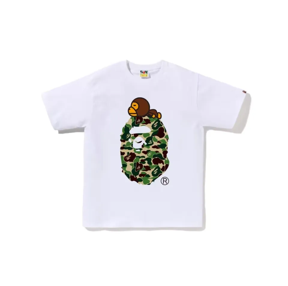 P110 00102 model BAPE SS25 ABC CAMO series ape head orangutan pattern letter print cuff logo camouflage short-sleeved T-shirt same style for men and women code number smlxlxxl white green, black green