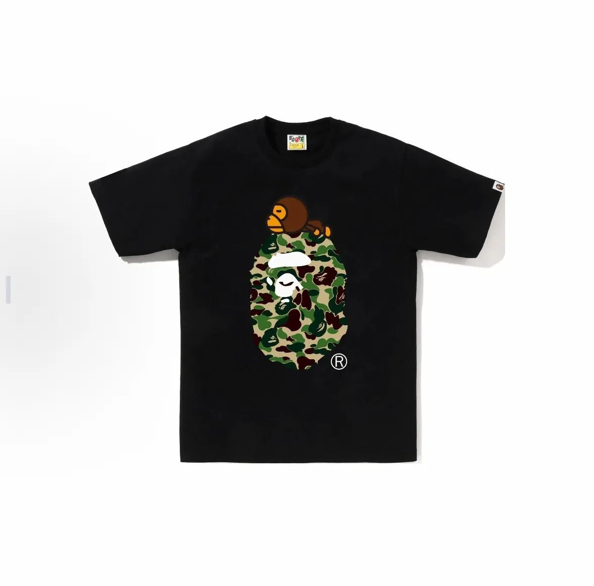 P110 00102 model BAPE SS25 ABC CAMO series ape head orangutan pattern letter print cuff logo camouflage short-sleeved T-shirt same style for men and women code number smlxlxxl white green, black green