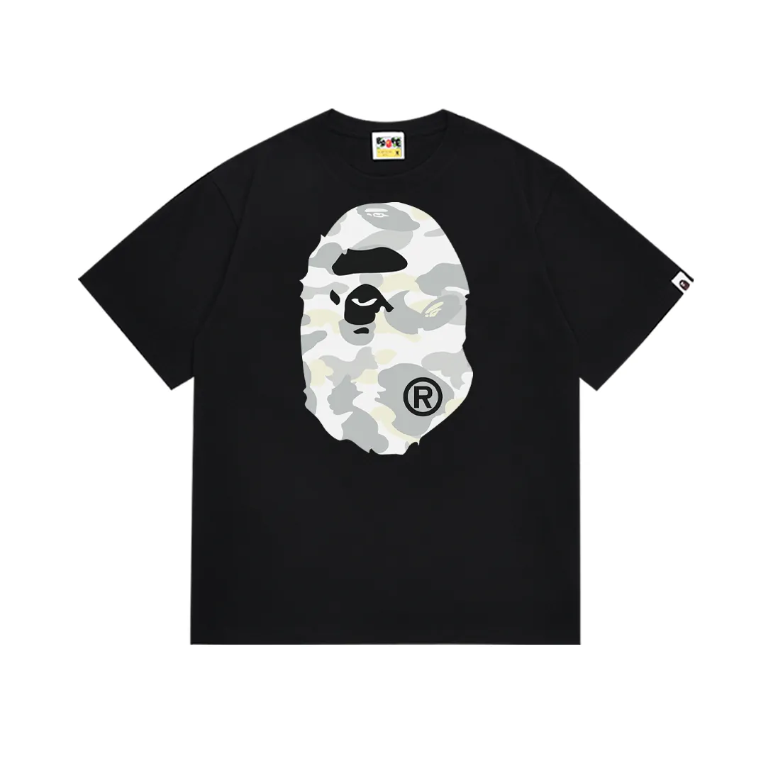 P110 SC046# (top version) BAPE camouflage great ape letter print short-sleeved T-shirt Made of 260 grams of high-quality high-weave pure cotton fabric, double yarn combed, soft texture and no pilling Imported environmentally friendly printing glue, bright and three-dimensional pattern, quality 💥Same style for men and women, the upper body is fashionable Color: black and white Size: S M L XL XXL