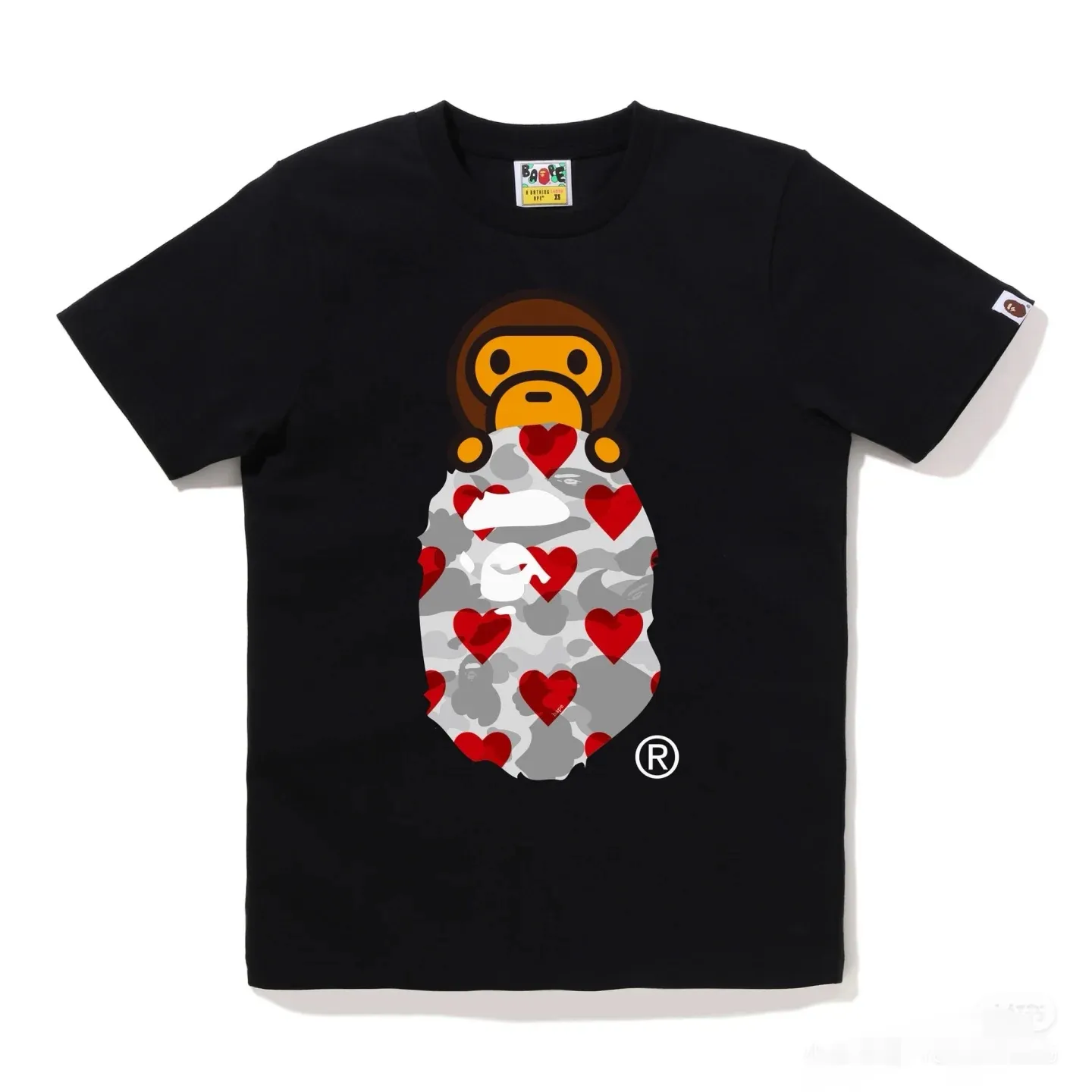 P110 001148 bape ape head love printed short-sleeved T-shirt, same style for men and women, size smlxlxxl, black and red, white and red, black and brown, white and brown