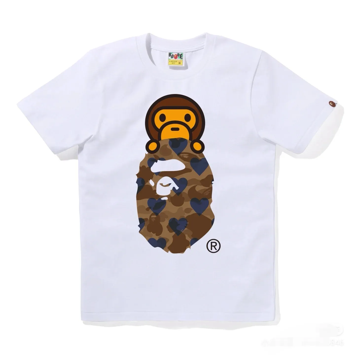 P110 001148 bape ape head love printed short-sleeved T-shirt, same style for men and women, size smlxlxxl, black and red, white and red, black and brown, white and brown