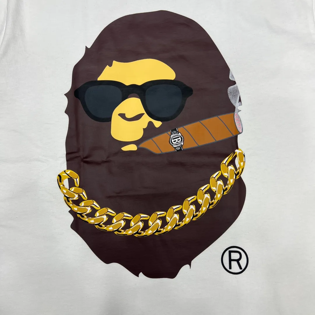 💰140 Bape Ape Head Smoking Print Los Angeles Limited Linen Cotton 280g Customized Fabric Couple Style: S—XXL [Black White]