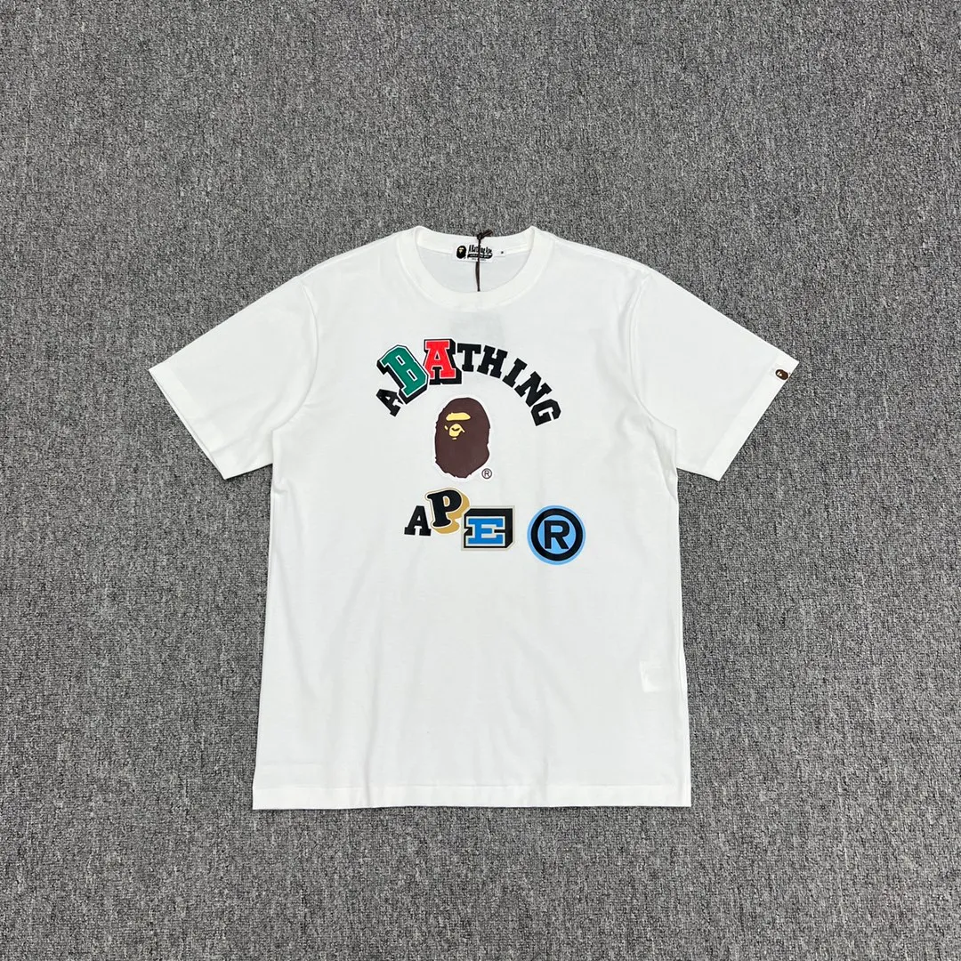 💰140 BAPE colorful letters ape head print short-sleeved T-shirt 270g weight linen cotton fabric ZP version couple style: S-XXL [black white]