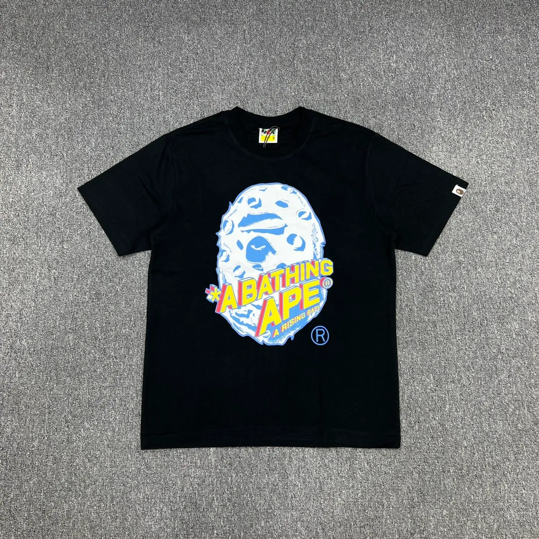 💰140 Bape Moon Ape Head Rocket Letter Comic Style Print Linen Cotton 280g Customized Fabric Couple Style: S—XXL [Black White]