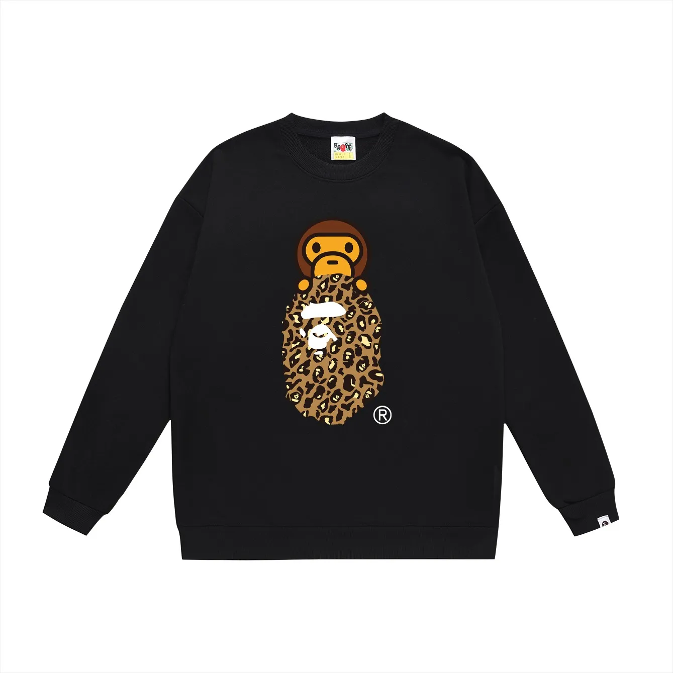 P150 model number SC467# terry 75 plus velvet 80 (top version) BAPE leopard print ape head cartoon BABY MILO printed round neck sweatshirt Made of 350 grams of large terry (drop shoulder large version) fabric, soft texture and no pilling Imported environmentally friendly printing glue The pattern is bright and three-dimensional Quality 💥Same style for men and women The upper body is trendy Color: Black and blue White and blue Gray blue Black and yellow White and yellow Gray and yellow Size: S M L XL XXL