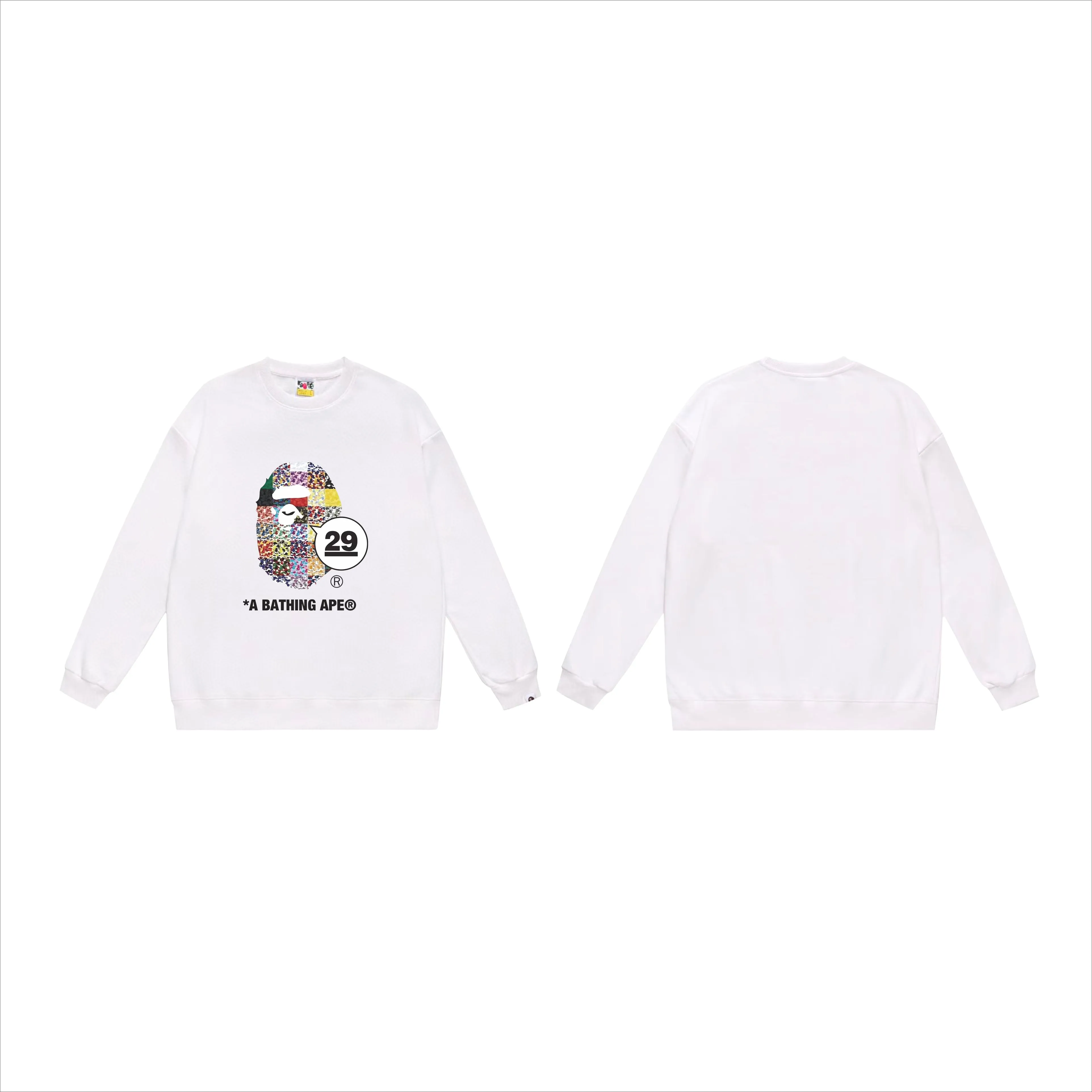 P150 model number SC527# terry 75 plus velvet 80 (top version) BAPE 29th Anniversary Ape Head Tee digital printed round neck sweatshirt Made of 350g large terry (drop shoulder large version) fabric, soft and non-pilling texture, imported environmentally friendly printing glue, bright and three-dimensional pattern, quality 💥same style for men and women, the upper body is fashionable Color: black white gray Size: S M L XL XXL