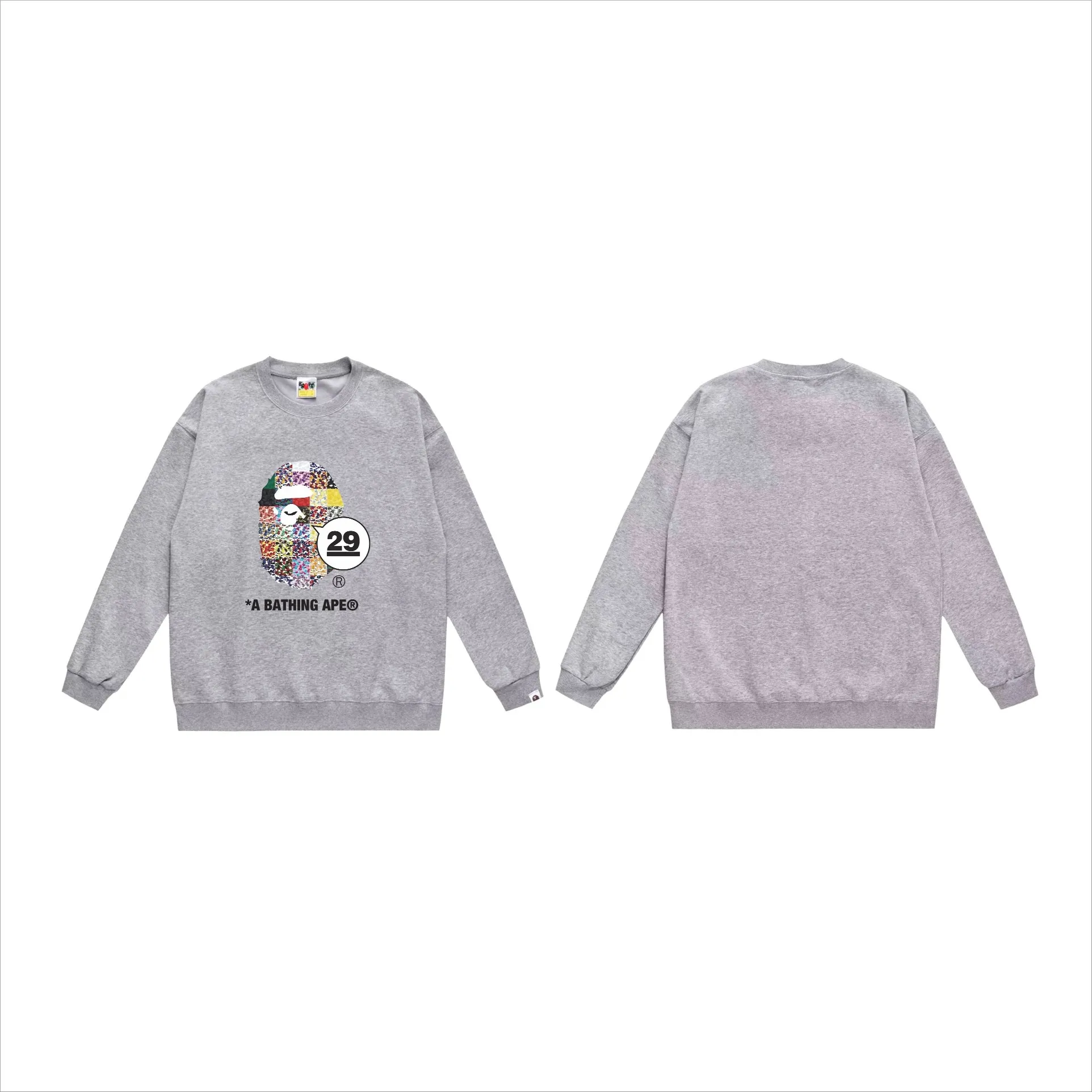 P150 model number SC527# terry 75 plus velvet 80 (top version) BAPE 29th Anniversary Ape Head Tee digital printed round neck sweatshirt Made of 350g large terry (drop shoulder large version) fabric, soft and non-pilling texture, imported environmentally friendly printing glue, bright and three-dimensional pattern, quality 💥same style for men and women, the upper body is fashionable Color: black white gray Size: S M L XL XXL