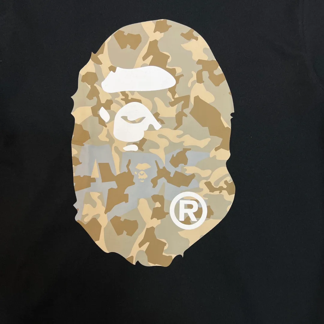 💰140 BAPE letter desert camouflage ape head double-sided printed short-sleeved T-shirt 280g weight linen cotton fabric Couple style: S-XXL [black apricot, white apricot, black blue, white blue]