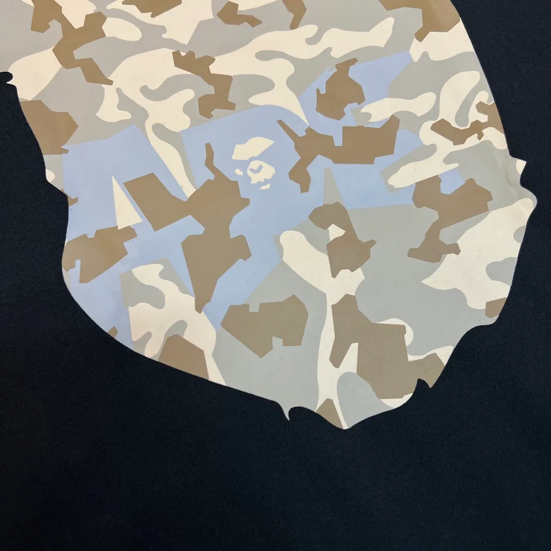 💰140 BAPE letter desert camouflage ape head double-sided printed short-sleeved T-shirt 280g weight linen cotton fabric Couple style: S-XXL [black apricot, white apricot, black blue, white blue]