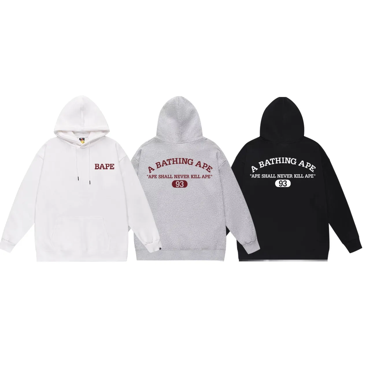 Model No. SC676# terry p160 plus velvet p180💰 (top version) BAPE ape head contrast letter printed round neck sweatshirt. Made of 380g large terry 430g silver fox velvet (drop shoulder large version) fabric. The texture is soft and non-pilling. Imported environmentally friendly printing glue. The pattern is bright and three-dimensional. Quality💥Same style for men and women. The upper body is trendy. Color: black white gray Size: S M L XL XXL