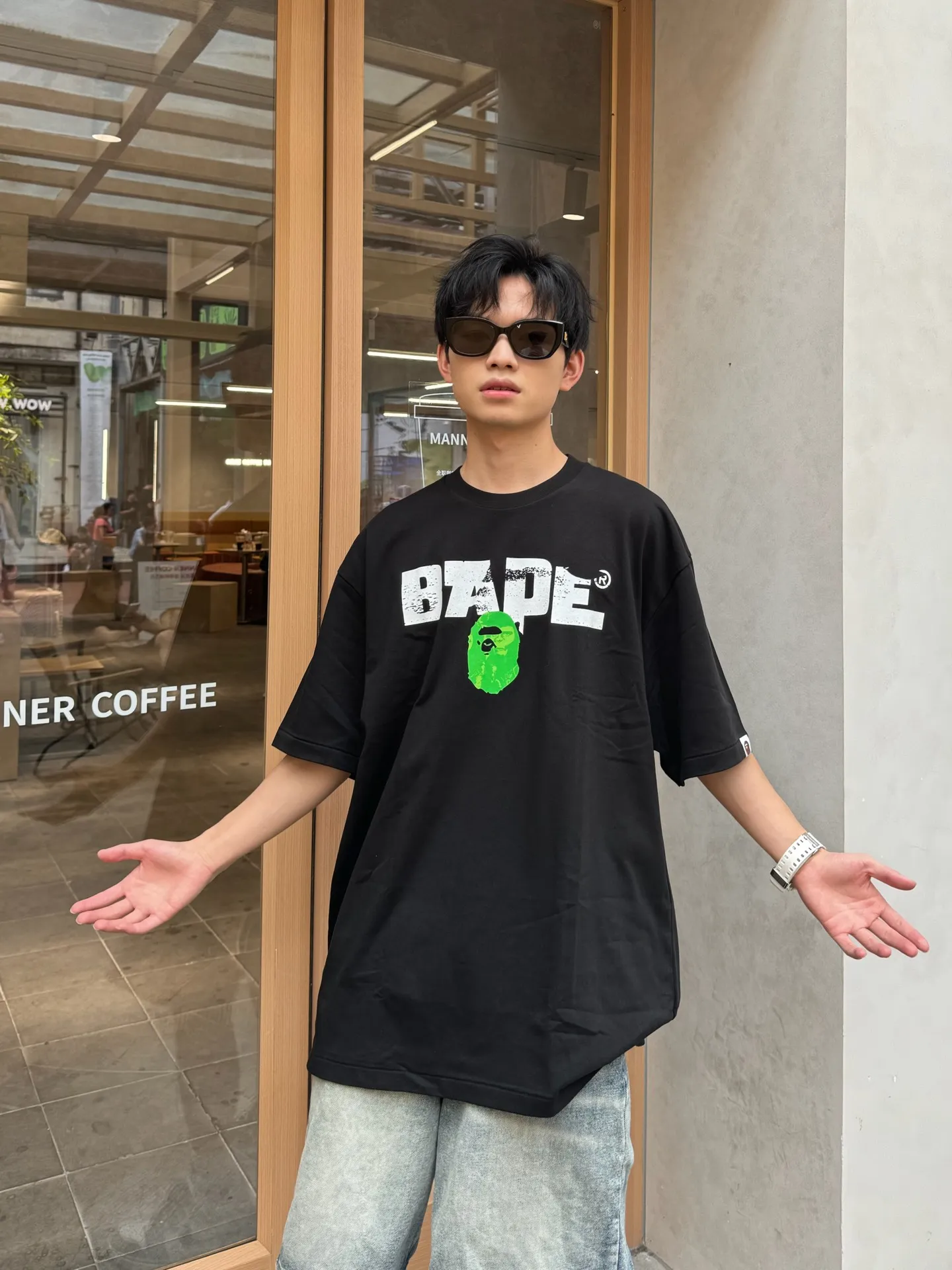 💰140 BAPE Ape Army letter pattern printed round neck short-sleeved T-shirt 280g weight linen cotton fabric Couple style: S-XXL [Black Apricot]