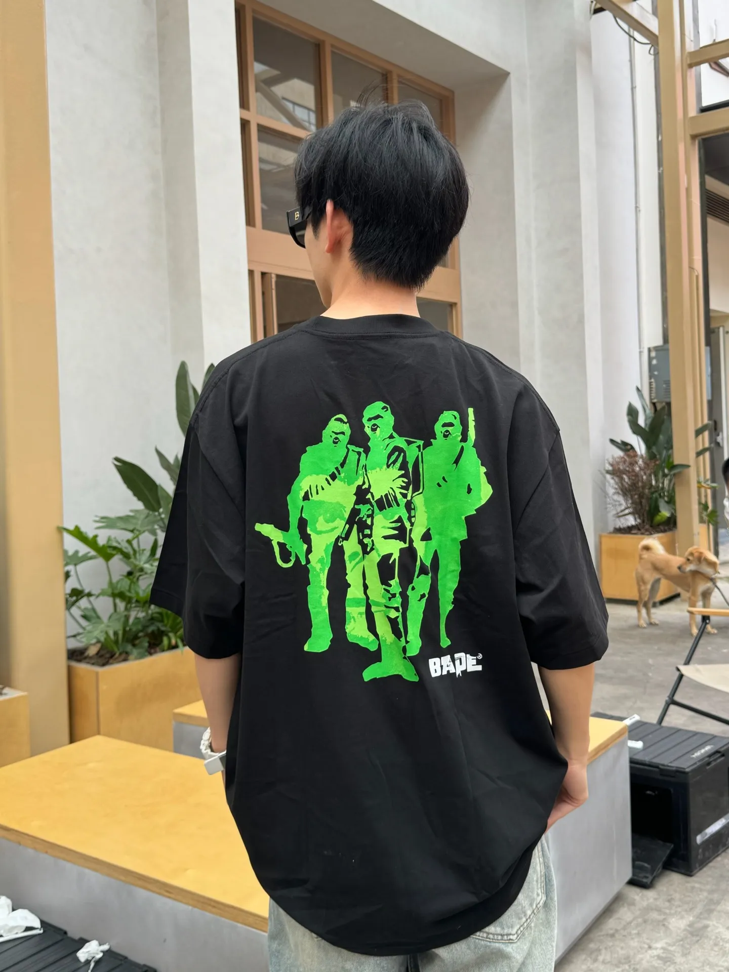 💰140 BAPE Ape Army letter pattern printed round neck short-sleeved T-shirt 280g weight linen cotton fabric Couple style: S-XXL [Black Apricot]