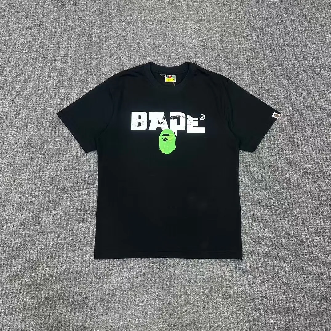 💰140 BAPE Ape Army letter pattern printed round neck short-sleeved T-shirt 280g weight linen cotton fabric Couple style: S-XXL [Black Apricot]