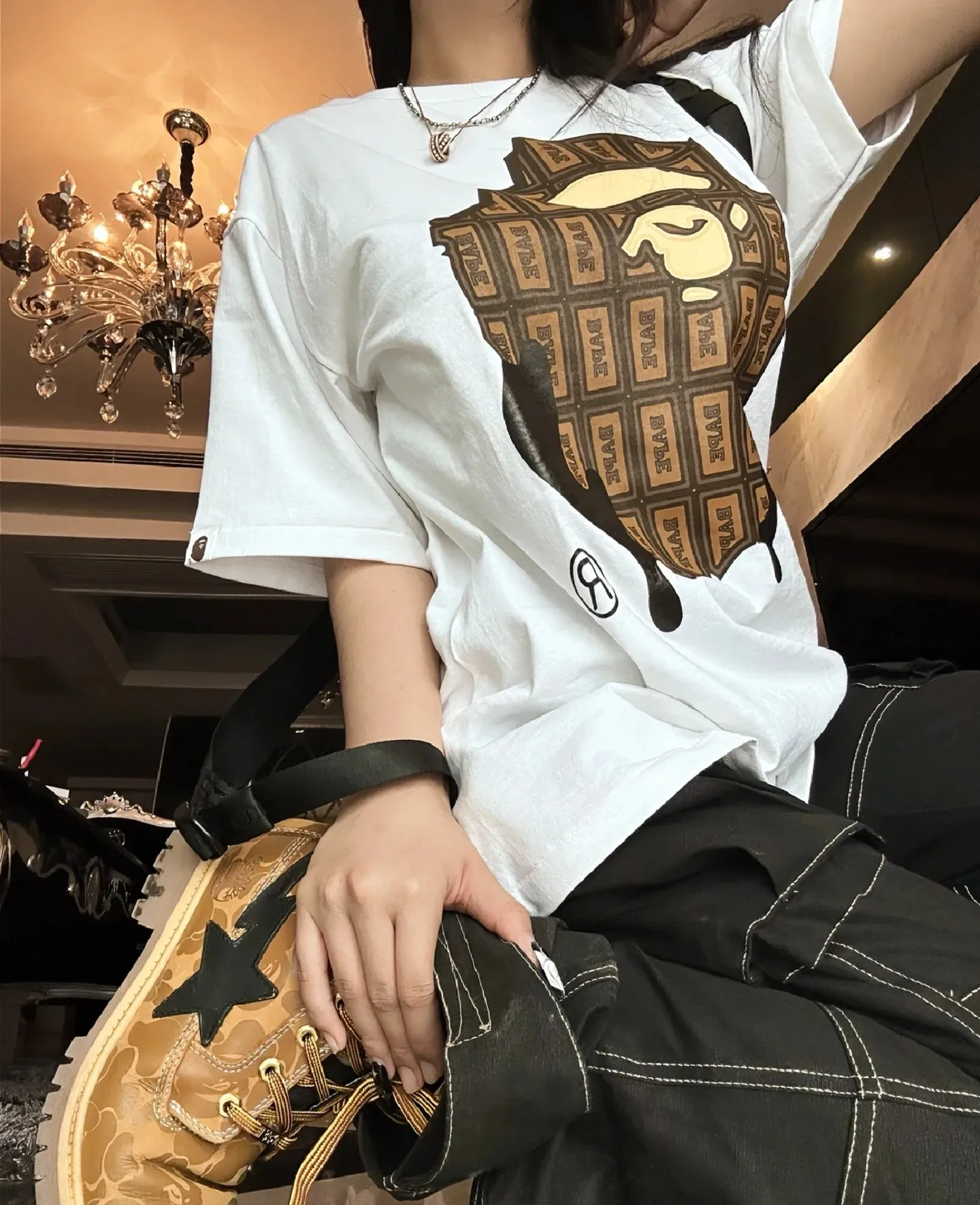 P110 001178 A BATHING APE BAPE SS23 Valentine's Day limited chocolate ape print round neck short-sleeved T-shirt, same style for men and women, size smlxlxxl, black and white