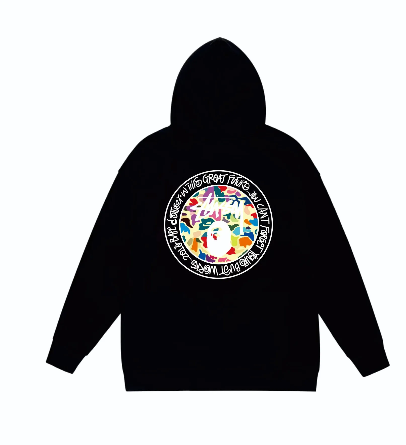P160 model number SC817# terry 80 plus velvet 90 (top version) BAPE×STUSSY co-branded Stussy letter printed hooded sweatshirt Made of 380 grams of large terry (drop shoulder large version) fabric, soft texture and no pilling Imported environmentally friendly printing glue The pattern is bright and three-dimensional Quality 💥Same style for men and women The upper body is trendy Color: Black White Gray Size: S M L XL XXL