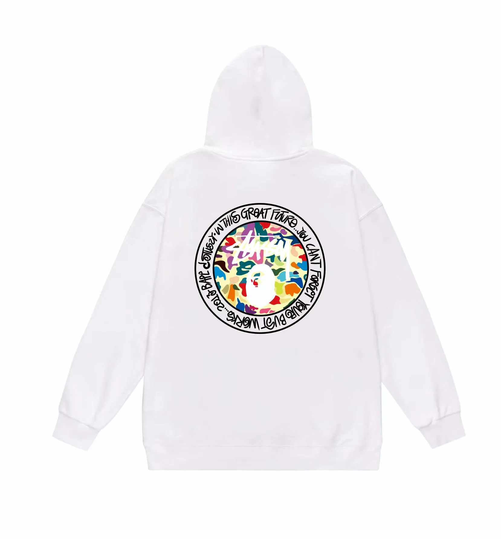 P160 model number SC817# terry 80 plus velvet 90 (top version) BAPE×STUSSY co-branded Stussy letter printed hooded sweatshirt Made of 380 grams of large terry (drop shoulder large version) fabric, soft texture and no pilling Imported environmentally friendly printing glue The pattern is bright and three-dimensional Quality 💥Same style for men and women The upper body is trendy Color: Black White Gray Size: S M L XL XXL