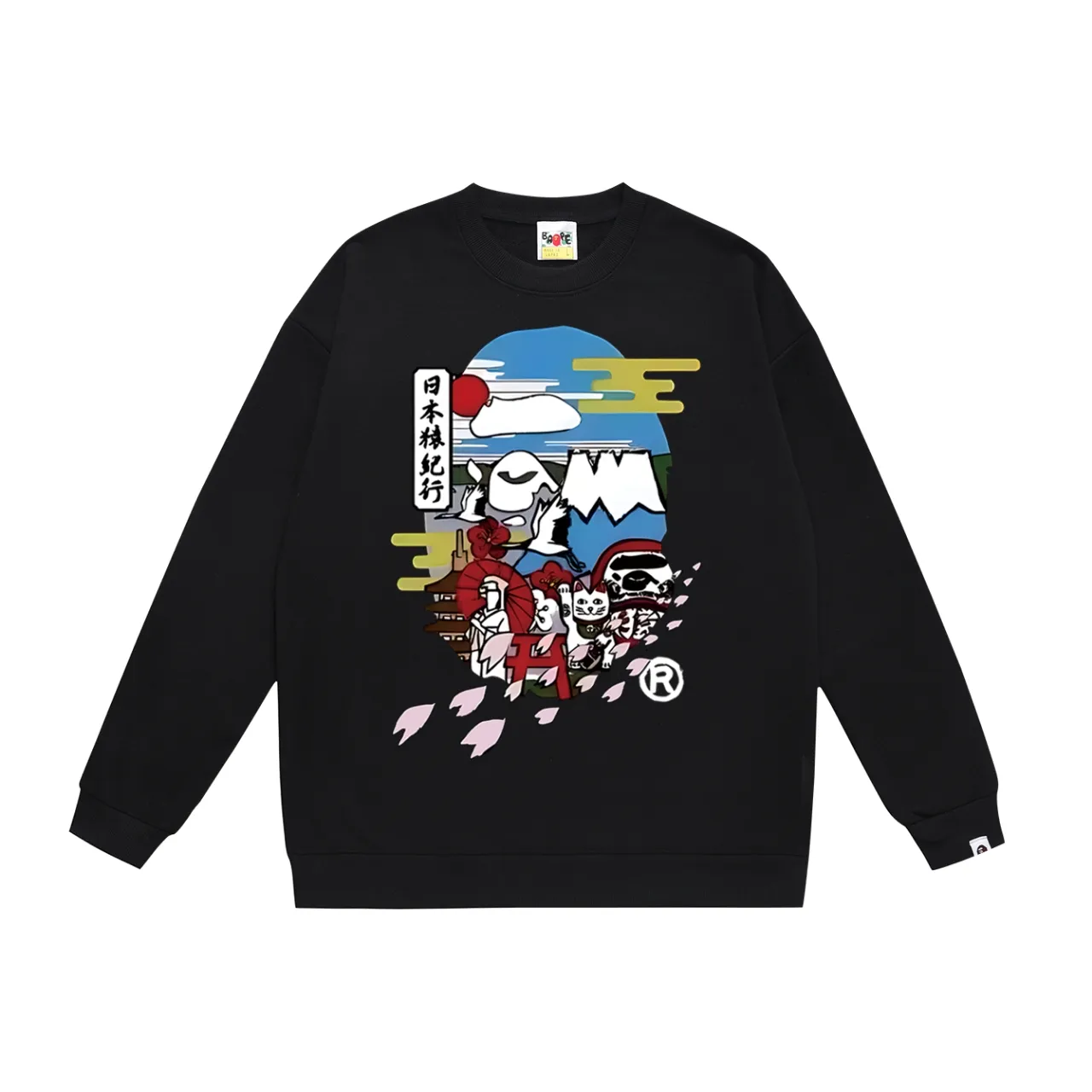 P150 model number SC465# terry 75 plus velvet 80 (top version) BAPE Japan Monkey Chronicles Monkey Money Cat Printed Round Neck Sweater Made of 350g large terry (drop shoulder large version) fabric, soft texture and no pilling. Imported environmentally friendly printing glue, bright and three-dimensional pattern, quality 💥Same style for men and women. The upper body is trendy. Color: Black White Gray Size: S M L XL XXL