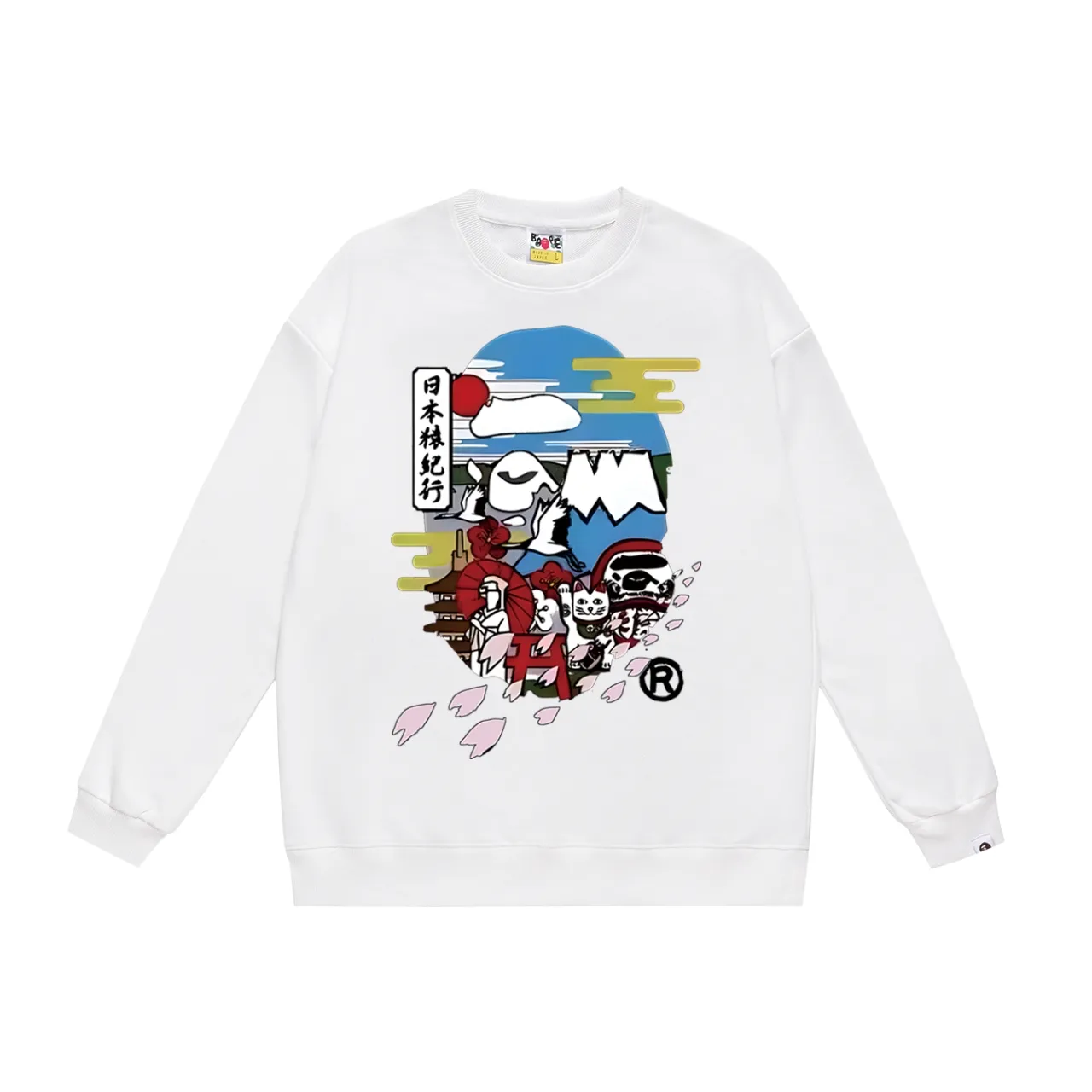 P150 model number SC465# terry 75 plus velvet 80 (top version) BAPE Japan Monkey Chronicles Monkey Money Cat Printed Round Neck Sweater Made of 350g large terry (drop shoulder large version) fabric, soft texture and no pilling. Imported environmentally friendly printing glue, bright and three-dimensional pattern, quality 💥Same style for men and women. The upper body is trendy. Color: Black White Gray Size: S M L XL XXL