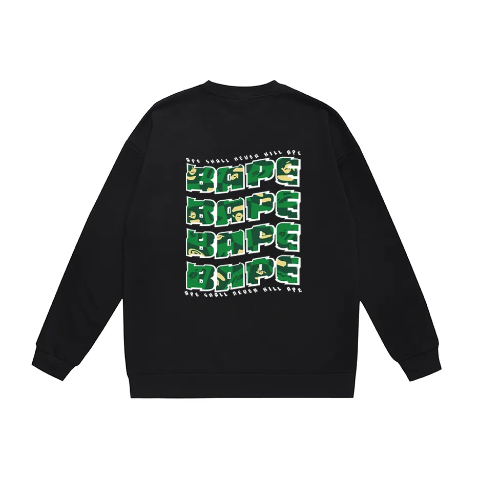 P170 model number SC319# terry 80 plus velvet 85 (top version) BAPE ape head letter printed round neck sweatshirt Made of 350g large terry (drop shoulder large version) fabric, soft and non-pilling, imported environmentally friendly printing glue, bright and three-dimensional pattern, quality 💥Same style for men and women, the upper body is fashionable Color: black white gray Size: S M L XL XXL