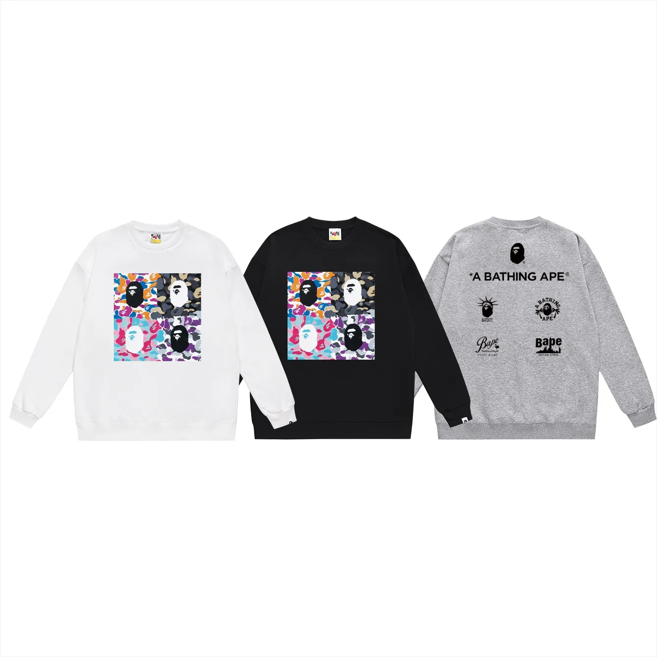 P150 model number SC441# terry 75 plus velvet 80 (top version) BAPE's new great ape letter printed loose round neck sweatshirt. Made of 350g large terry (drop shoulder large version) fabric. The texture is soft and non-pilling. Imported environmentally friendly printing glue. The pattern is bright and three-dimensional. Quality 💥Same style for men and women. The upper body is trendy. Color: black white gray Size: S M L XL XXL