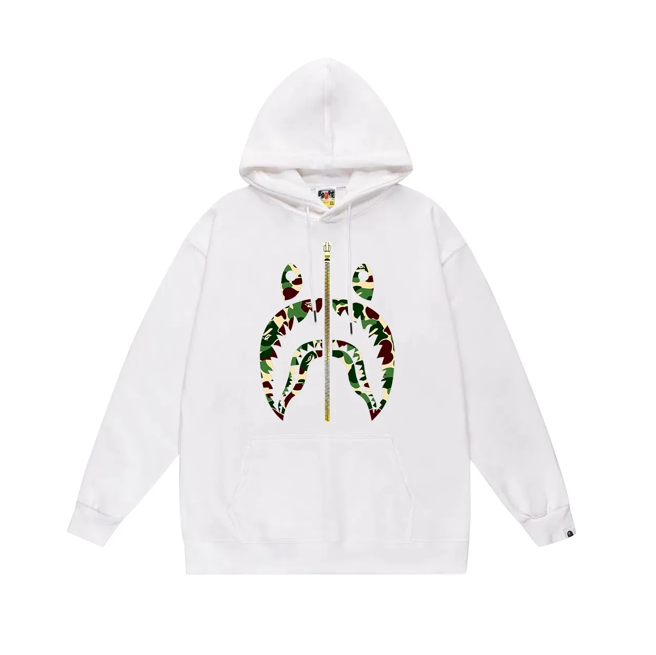 Model number SC689#terry p160 plus velvet p180💰 (top version) BAPE camouflage shark zipper printed hooded sweatshirt Made of 380g large terry 430g silver fox velvet (drop shoulder large version) fabric, soft and non-pilling, imported environmentally friendly printing glue, bright and three-dimensional pattern, quality 💥Same style for men and women, the upper body is trendy. Color: black and red, white and red, gray and red, black and green, white and green, gray and green. Black and blue, white and blue, gray and blue Size: S M L XL XXL