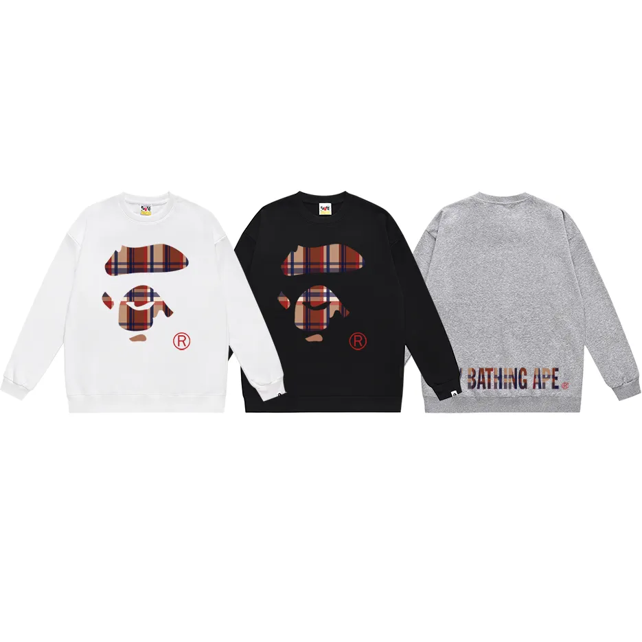 P150 model number SC492# terry 75 plus velvet 80 (top version) BAPE plaid ape face letter pattern printed round neck sweatshirt Made of 350g large terry (drop shoulder large version) fabric, soft texture and no pilling Imported environmentally friendly printing glue The pattern is bright and three-dimensional Quality 💥Same style for men and women The upper body is trendy Color: black white gray Size: S M L XL XXL
