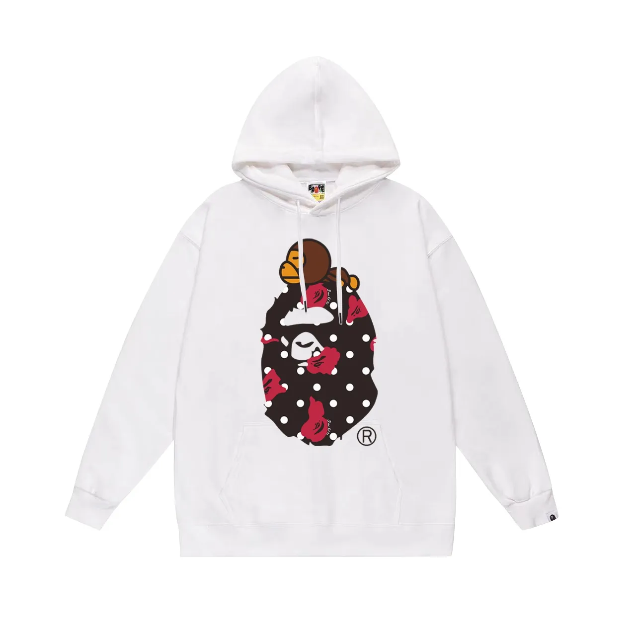Model No. SC681# terry p160 plus velvet p180💰 (top version) BAPE ape-man head polka dot pattern BABY MILO printed hooded sweatshirt. Made of 380g large terry 430g silver fox velvet (drop shoulder large version) fabric. The texture is soft and non-pilling. Imported environmentally friendly printing glue. The pattern is bright and three-dimensional. Quality💥Same style for men and women. The upper body is trendy. Color: black white gray Size: S M L XL XXL