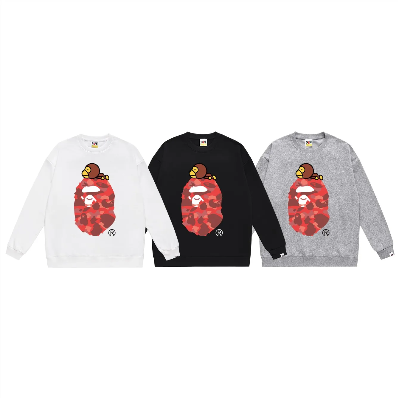 P150 model number SC463# terry 75 plus velvet 80 (top version) BAPE classic monogram ape head print round neck sweatshirt. Made of 350g large terry (drop shoulder large version) fabric, soft texture and no pilling. Imported environmentally friendly printing glue. Bright and three-dimensional pattern. Quality 💥Same style for men and women. The upper body is trendy. Colors: black and red, white and red, gray and red, black and blue, white and blue, gray and blue, black and green, white and green, white and gray. Black Purple White Purple Gray Purple Size: S M L XL XXL