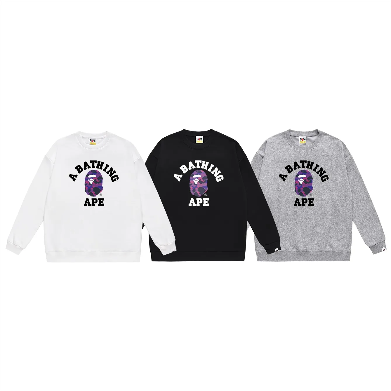 P150 model number SC462# terry 75 plus velvet 80 (top version) BAPE classic monogram ape head print round neck sweatshirt. Made of 350 grams of large terry (drop shoulder large version) fabric. The texture is soft and non-pilling. Imported environmentally friendly printing glue. The pattern is bright and three-dimensional. Quality💥Same style for men and women. The upper body is trendy. Color: black white gray Size: S M L XL XXL
