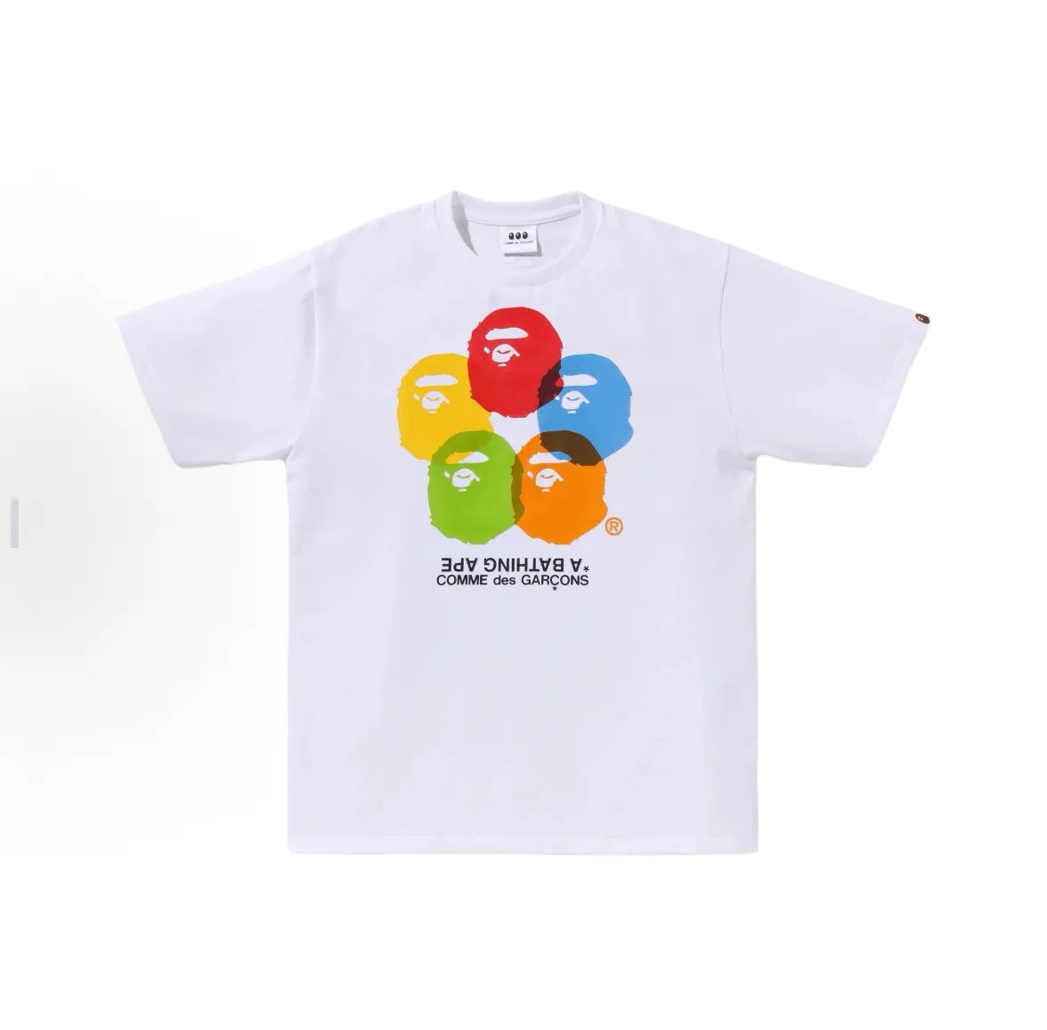 P110 001146 BAPE x CDG OSAKA joint model SS25 overlapping bright logo pattern round neck short-sleeved T-shirt, same style for men and women, size smlxlxxl, black and white