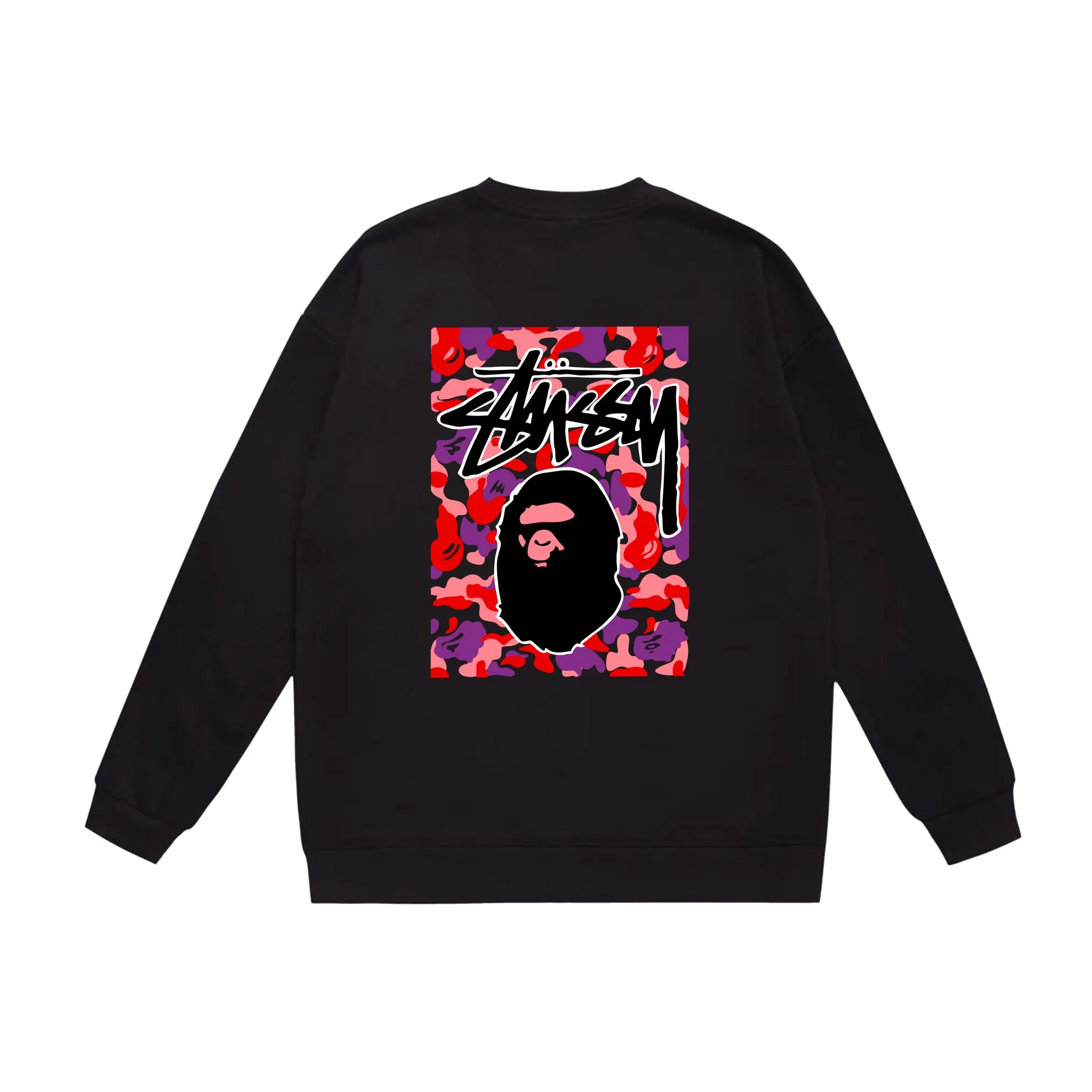 P150 model number SC503# terry 75 plus velvet 80 (top version) BAPE×STUSSY co-branded Stussy letter round neck sweatshirt Made of 350 grams of large terry (drop shoulder large version) fabric, soft texture and no pilling Imported environmentally friendly printing glue, bright and three-dimensional pattern, quality 💥Same style for men and women, the upper body is trendy Color: black red and white white red white gray red white black red black white red black gray red black Size: S M L XL XXL