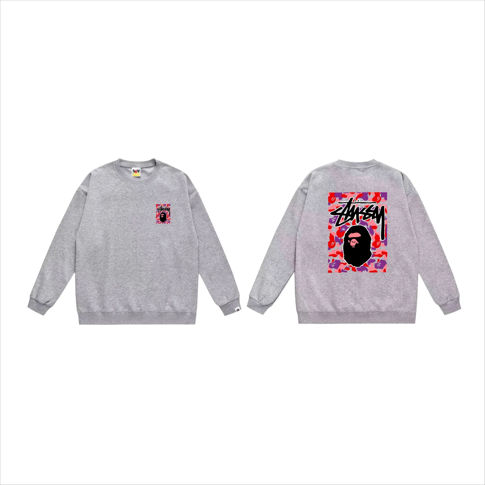 P150 model number SC503# terry 75 plus velvet 80 (top version) BAPE×STUSSY co-branded Stussy letter round neck sweatshirt Made of 350 grams of large terry (drop shoulder large version) fabric, soft texture and no pilling Imported environmentally friendly printing glue, bright and three-dimensional pattern, quality 💥Same style for men and women, the upper body is trendy Color: black red and white white red white gray red white black red black white red black gray red black Size: S M L XL XXL